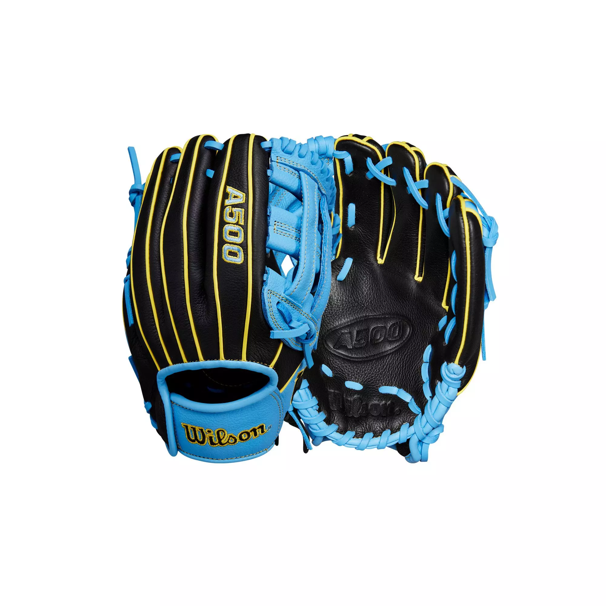 Wilson A500 Youth 10.5” Utility Baseball Glove-Black/Cool Blue/Yellow - BLACK/BLUE