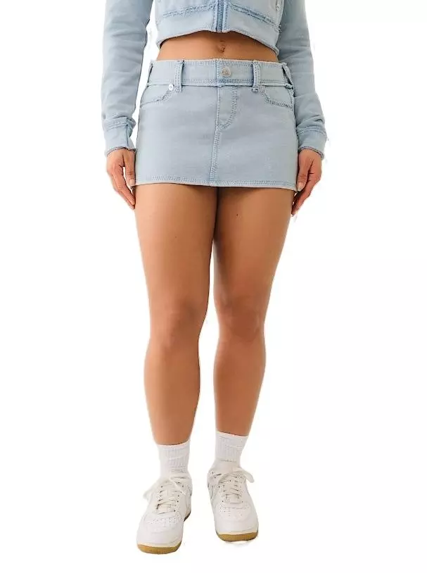 True Religion Women's Washed Raw Edge Big T Mini Skirt - BLUE
