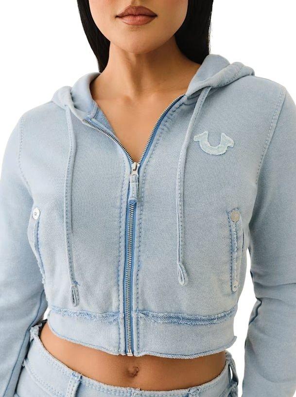 True Religion Women's Raw Edge Big T Crop Hoodie - BLUE