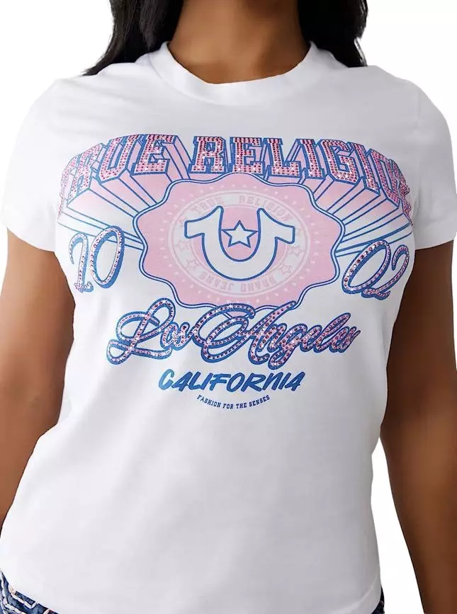 True Religion Women's Crystal Tee - White/Pink - WHITE/PINK