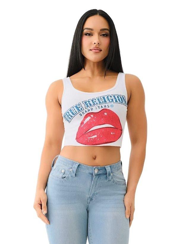 True Religion Women's Crystal Lips Raw Hem Tank - White - WHITE
