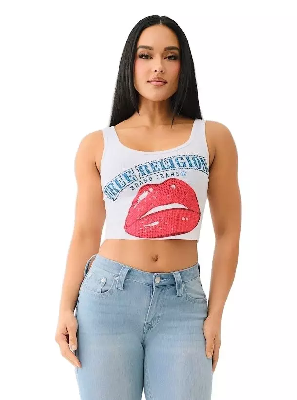 True Religion Women's Crystal Lips Raw Hem Tank - White - WHITE