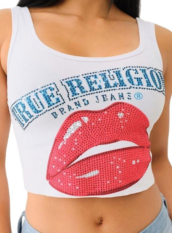 True Religion Crystal Lips Raw Hem Women's White Tank