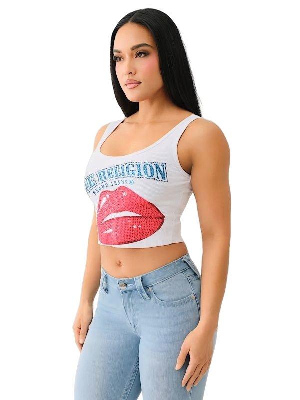 True Religion Crystal Lips Raw Hem Women's White Tank