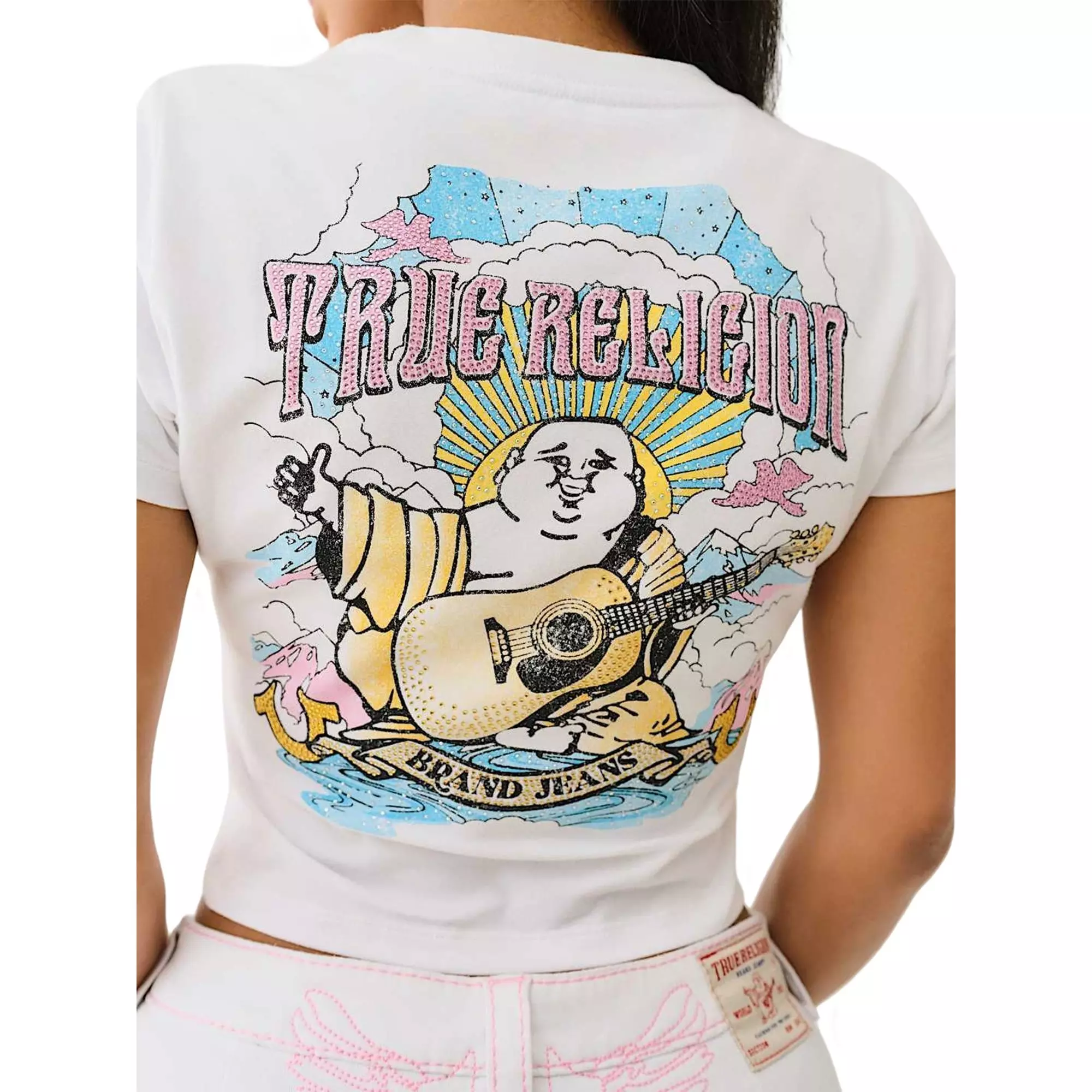 True Religion Women's Crystal Buddha Baby Tee - WHITE