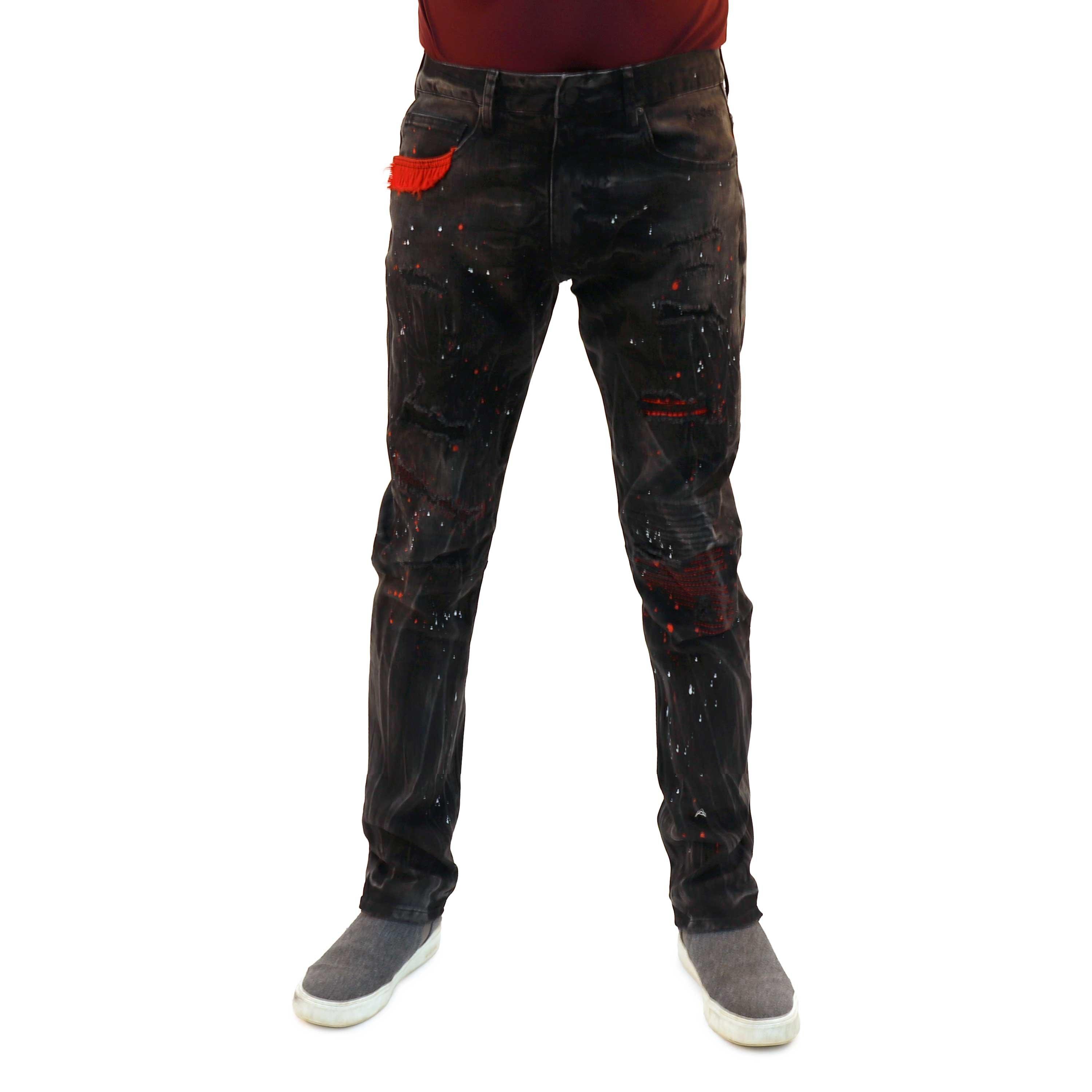 black jeans with red paint