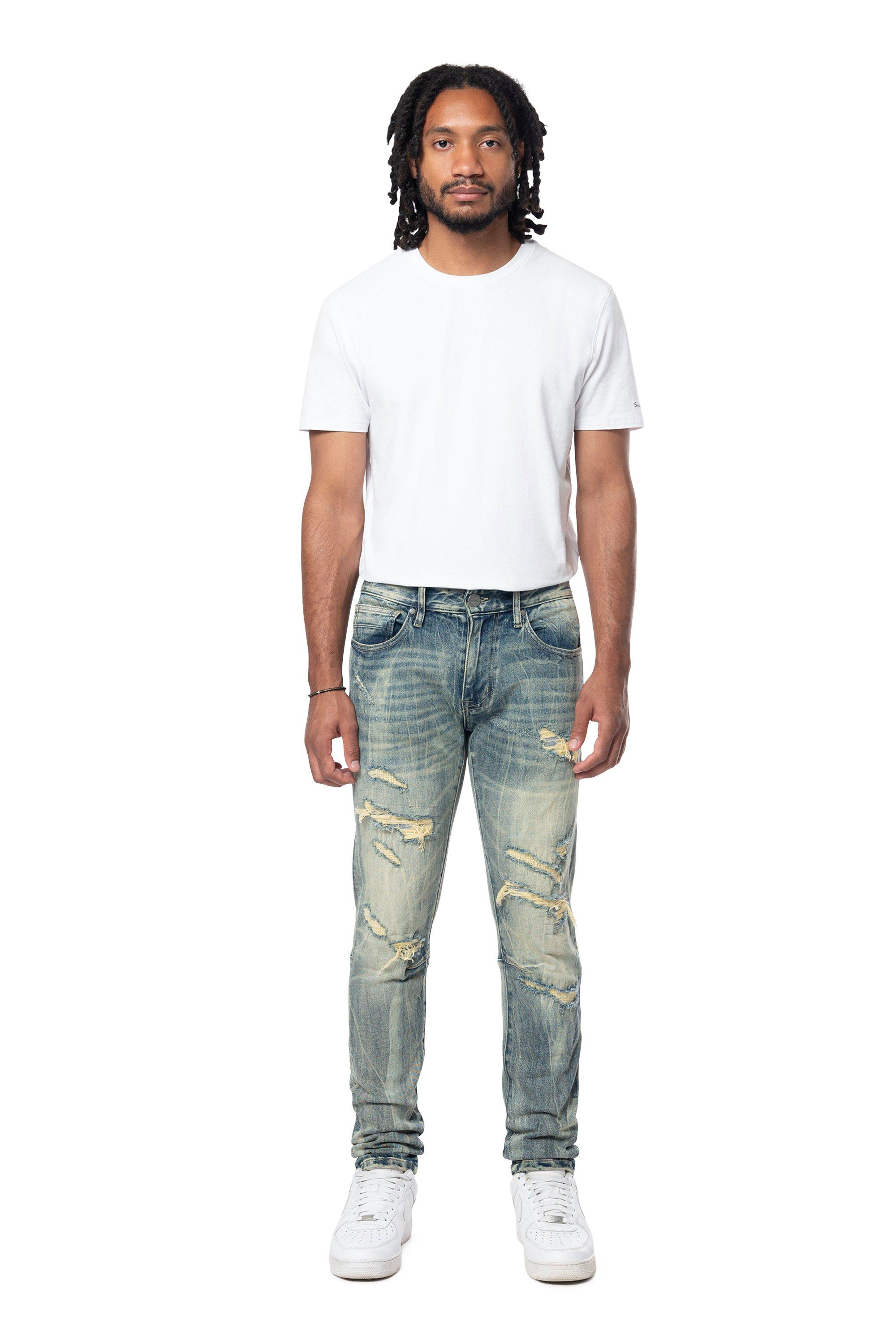 Smoke Rise Men's Slim Taper Vintage Denim Jeans - Topaz Blue - BLUE Thumbnail View 1