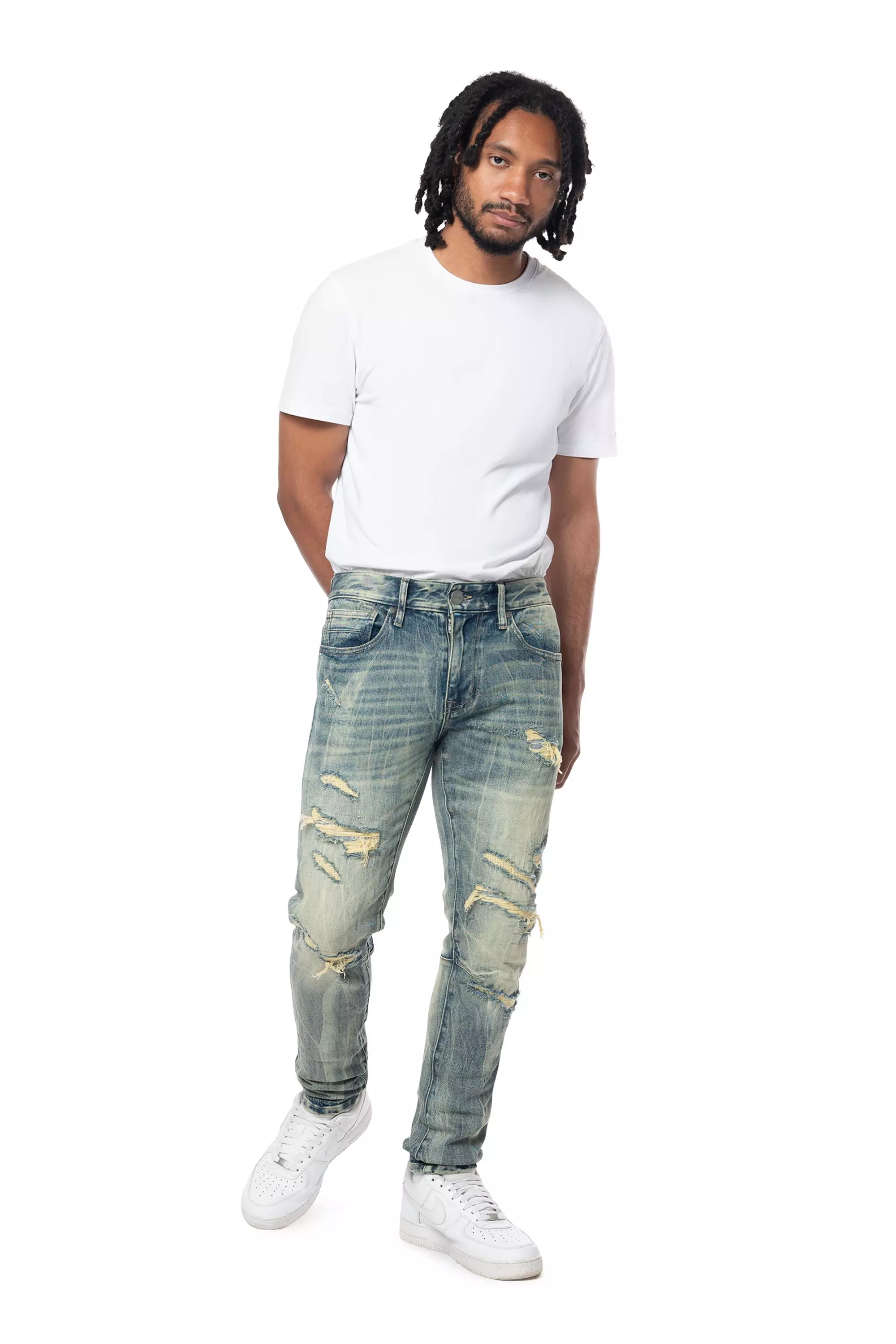 Smoke Rise Men's Slim Taper Vintage Denim Jeans - Topaz Blue - BLUE