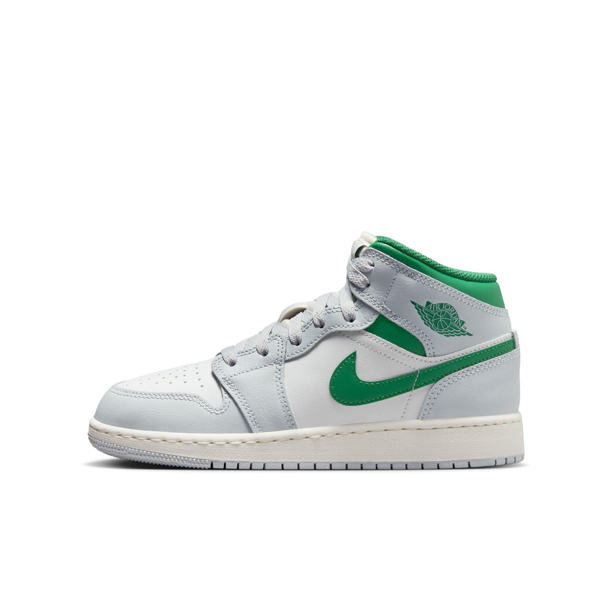 Jordan 1 Mid Grade School Boys' "Summit White/Pine Green/Pure Platinum" Shoe