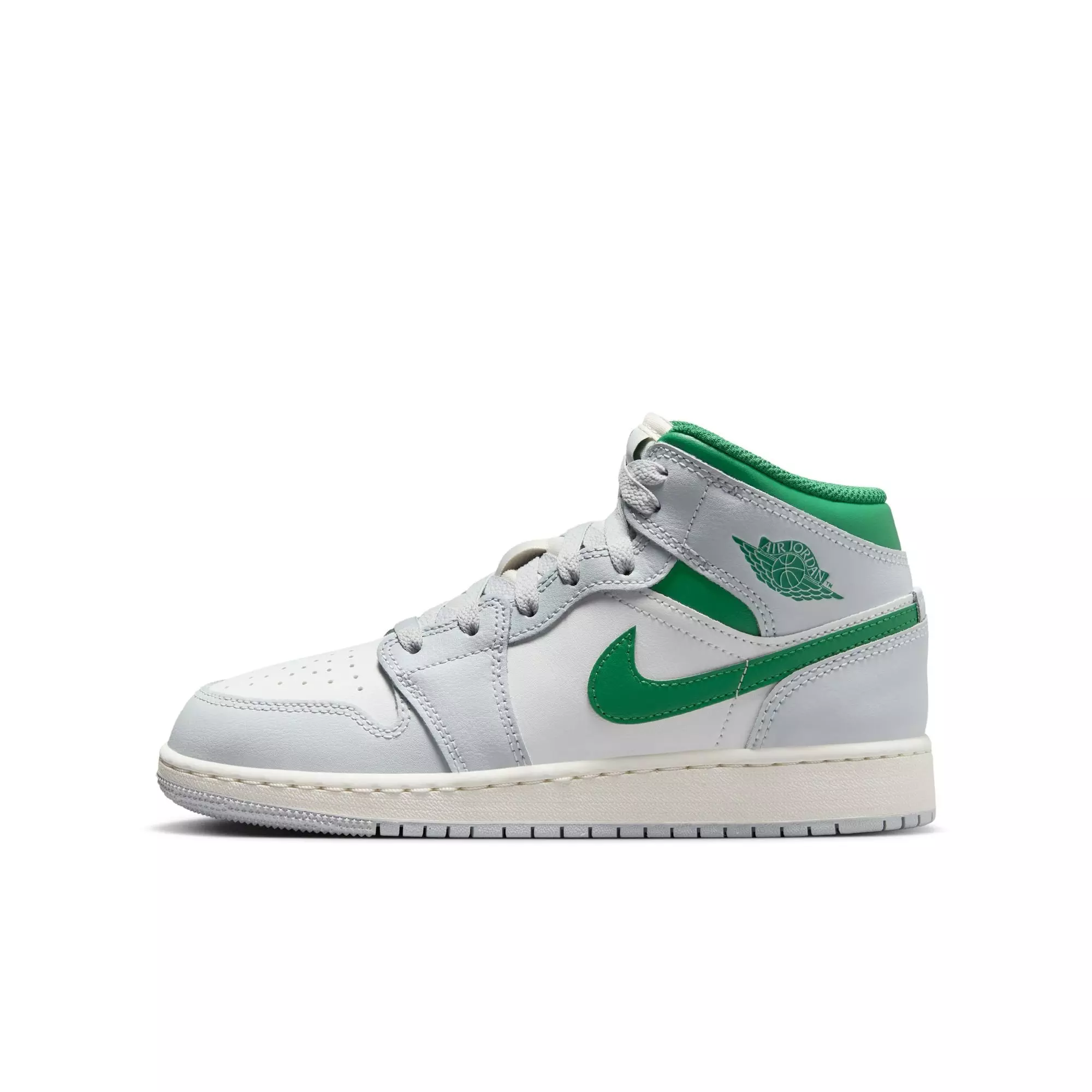 Jordan 1 Mid "Summit White/Pine Green/Pure Platinum" Grade School Boys' Shoe - GREY/WHITE/GREEN ABYSS
