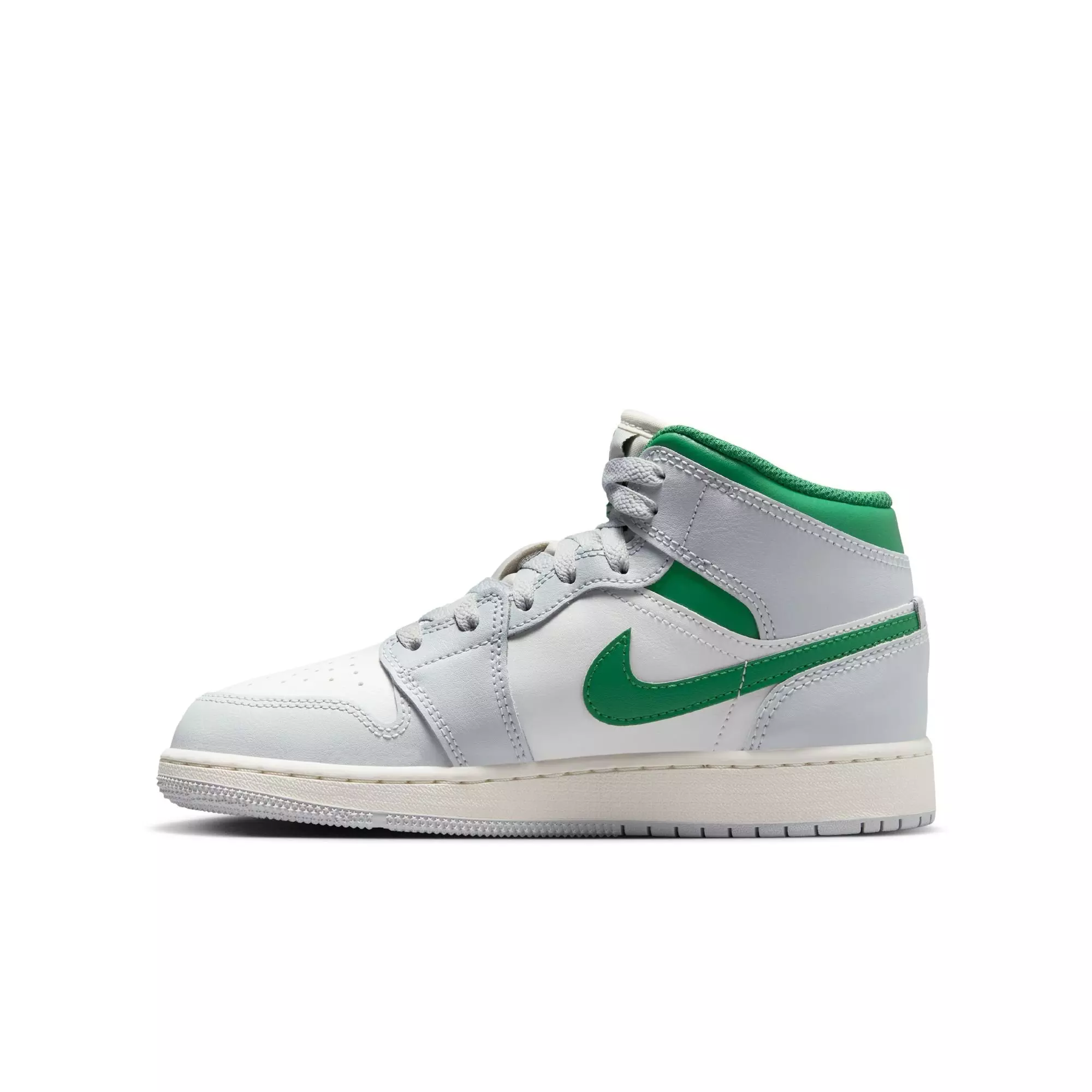 Jordan 1 Mid "Summit White/Pine Green/Pure Platinum" Grade School Boys' Shoe - GREY/WHITE/GREEN ABYSS