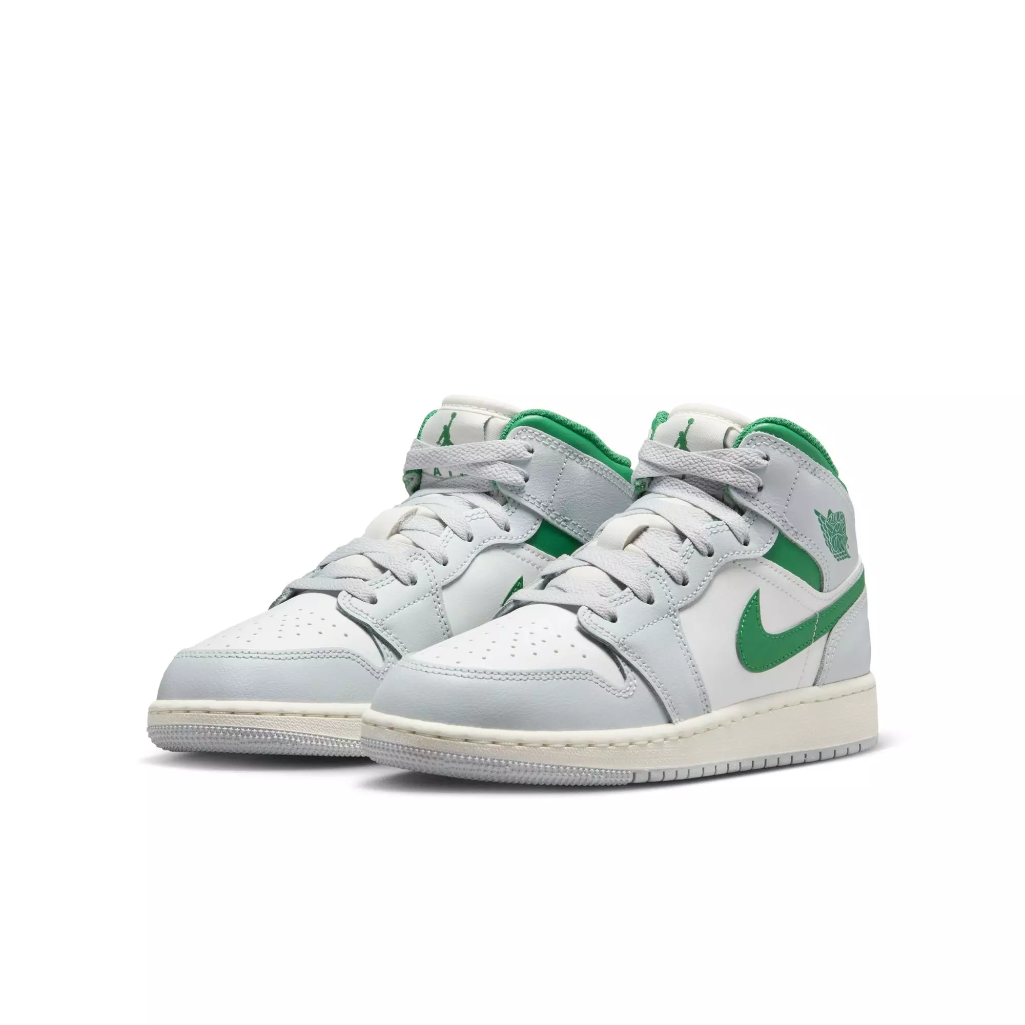 Jordan 1 Mid "Summit White/Pine Green/Pure Platinum" Grade School Boys' Shoe - GREY/WHITE/GREEN ABYSS