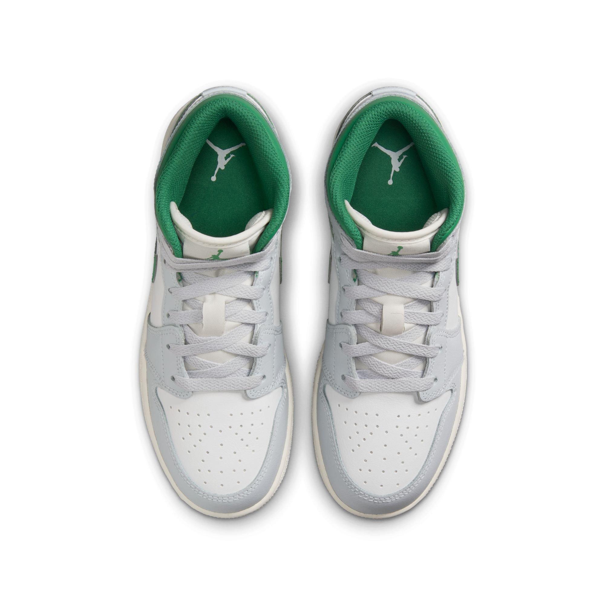 Jordan 1 Mid Grade School Boys' "Summit White/Pine Green/Pure Platinum" Shoe