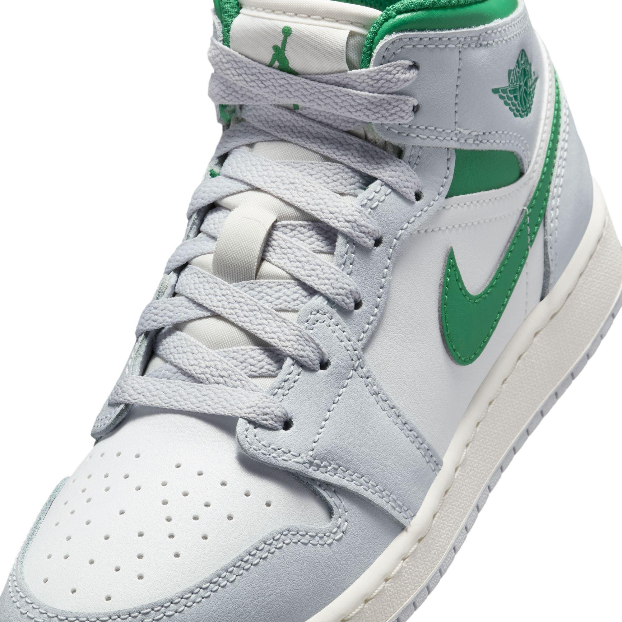 Jordan 1 Mid Grade School Boys' "Summit White/Pine Green/Pure Platinum" Shoe