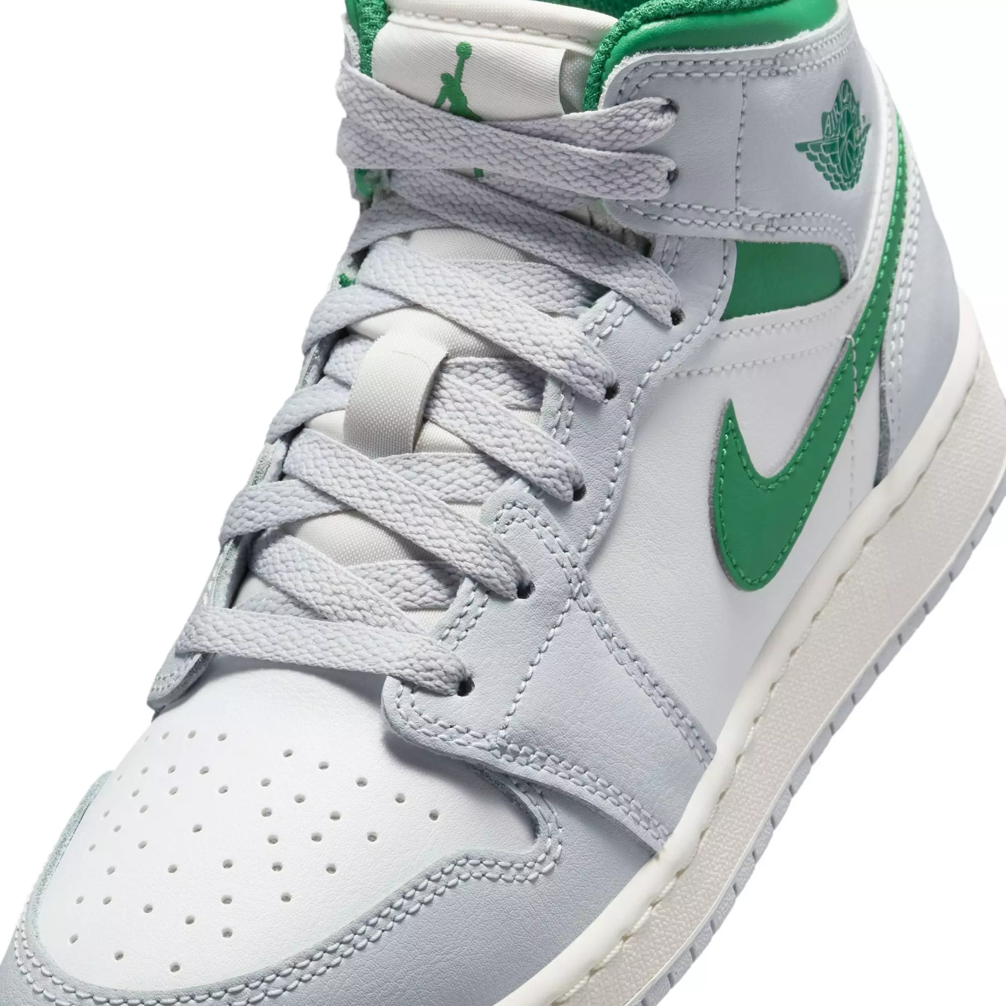 Jordan 1 Mid "Summit White/Pine Green/Pure Platinum" Grade School Boys' Shoe - GREY/WHITE/GREEN ABYSS