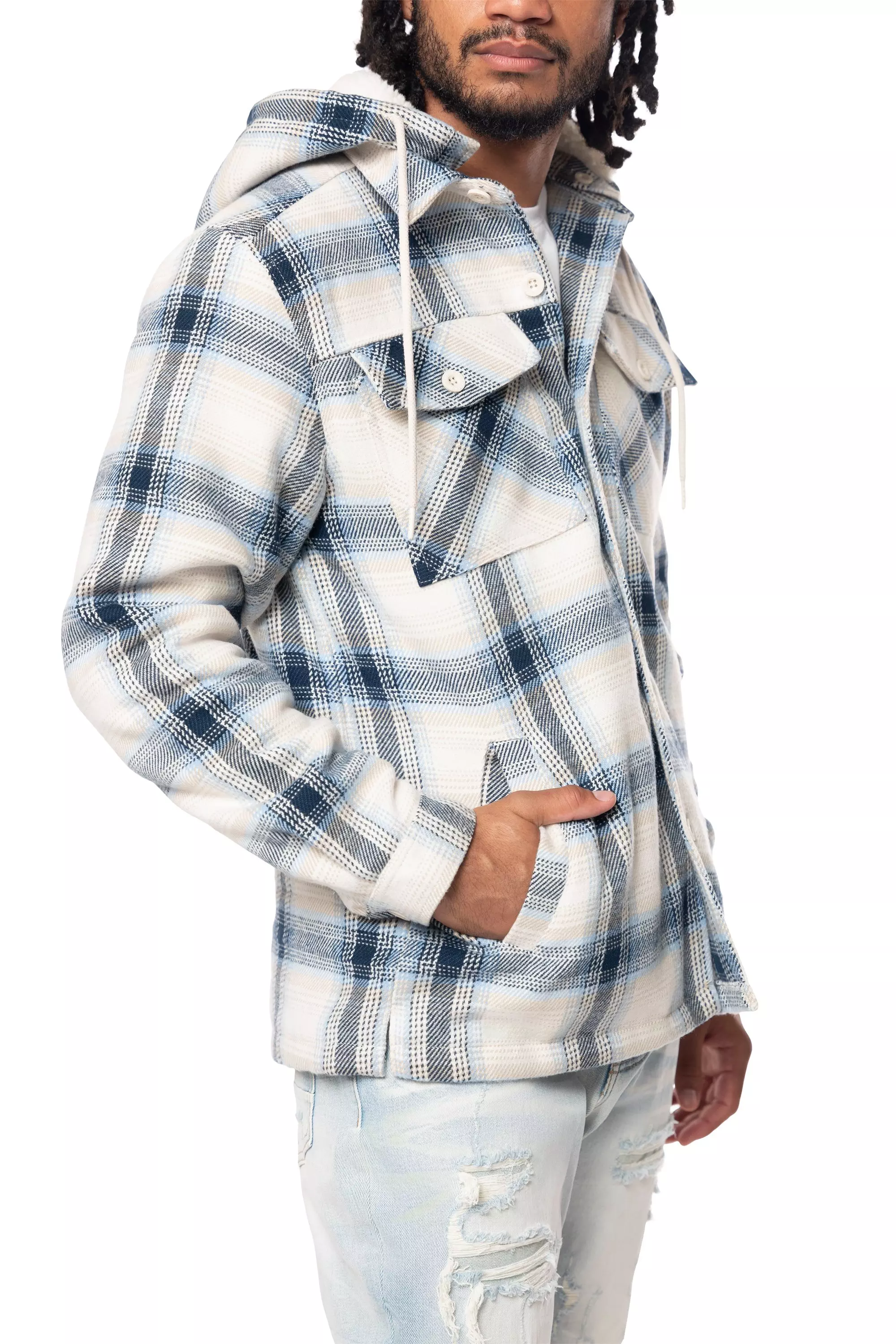 Smoke Rise Men's Plaid Hooded Shacket - Cascade - BLUE