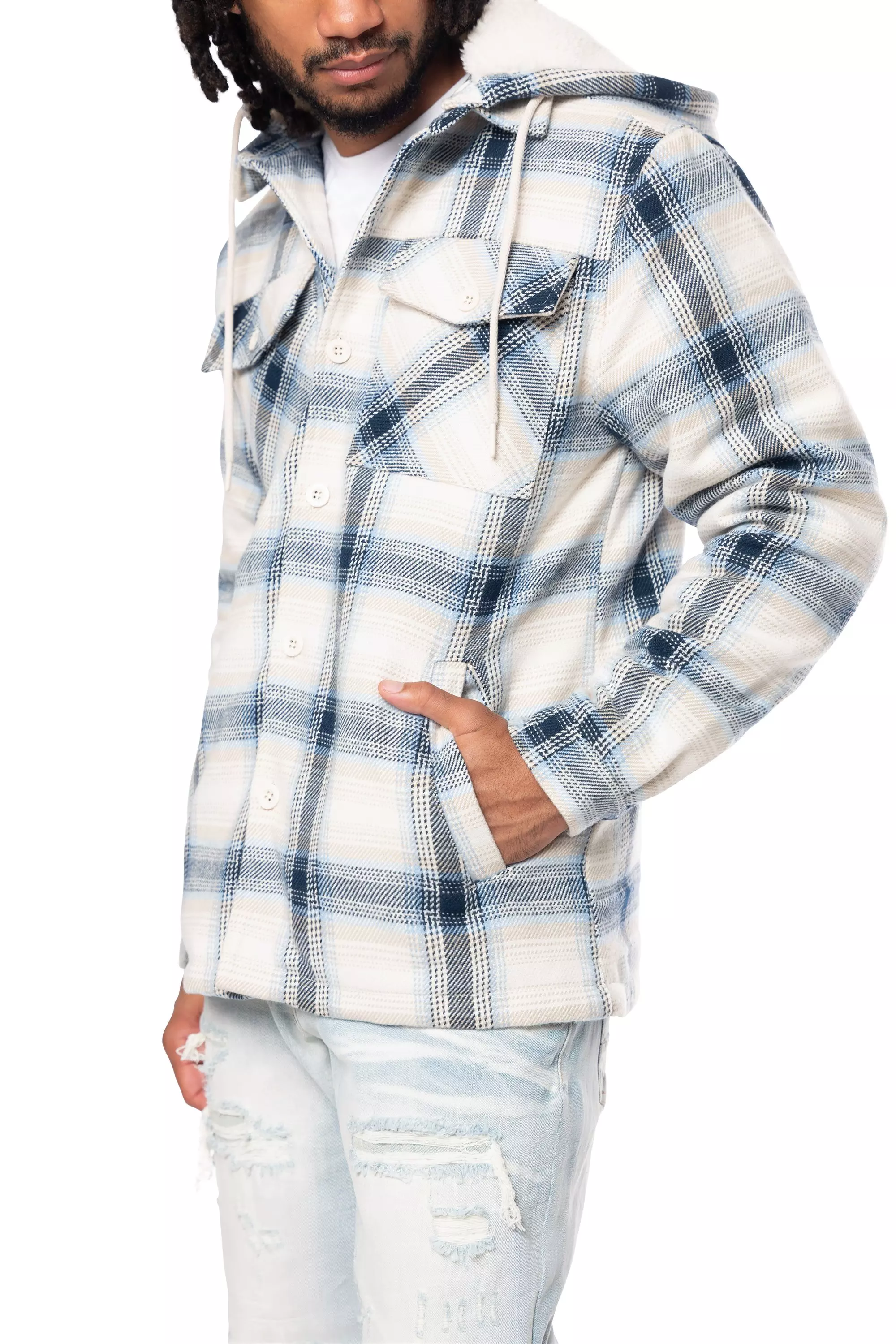 Smoke Rise Men's Plaid Hooded Shacket - Cascade - BLUE