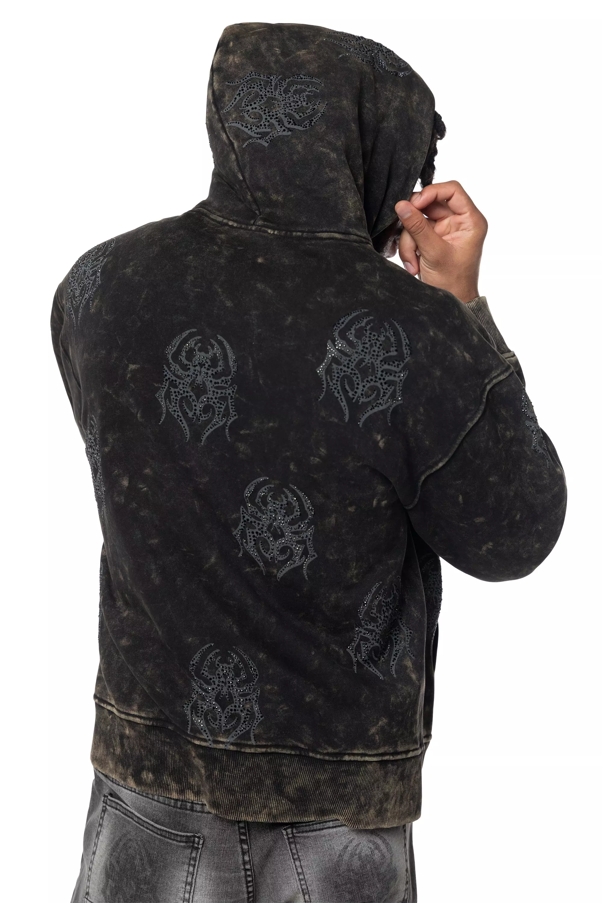 Smoke Rise Men's Spider Rhinestone Hoodie - Black - BLACK