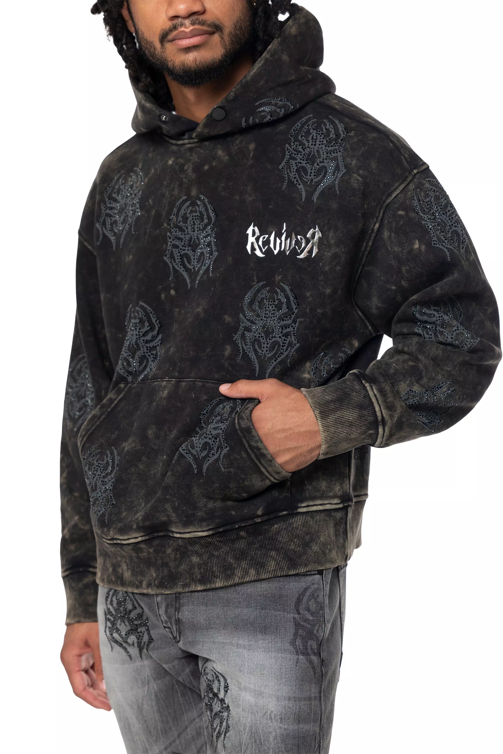 Smoke Rise Men's Spider Rhinestone Hoodie - Black - BLACK