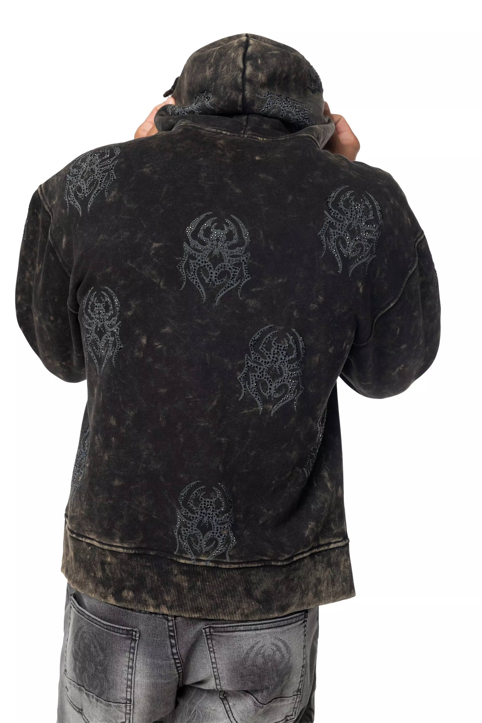 Smoke Rise Men's Spider Rhinestone Hoodie - Black - BLACK
