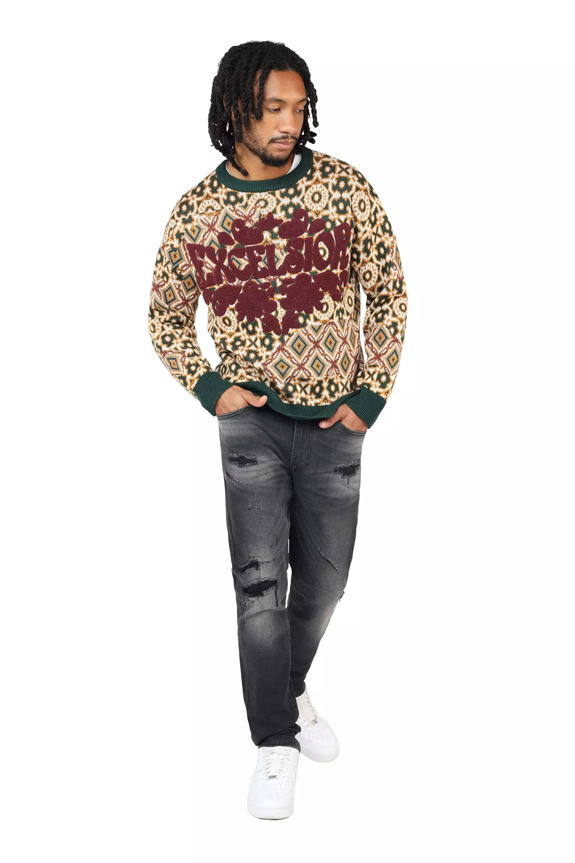 Smoke Rise Men's Tapestry Jacquard Knit Top - Scarab - GREEN/BEIGE