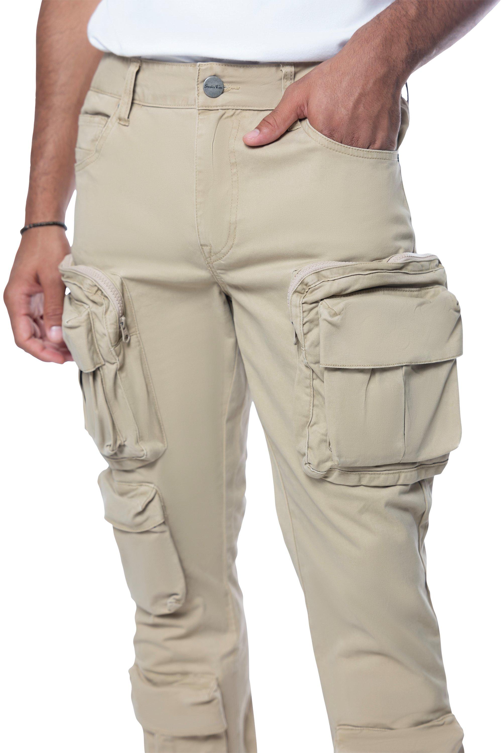 Smoke Rise Men's Slim Fit Twill Cargo Pants - Khaki - KHAKI Thumbnail View 3