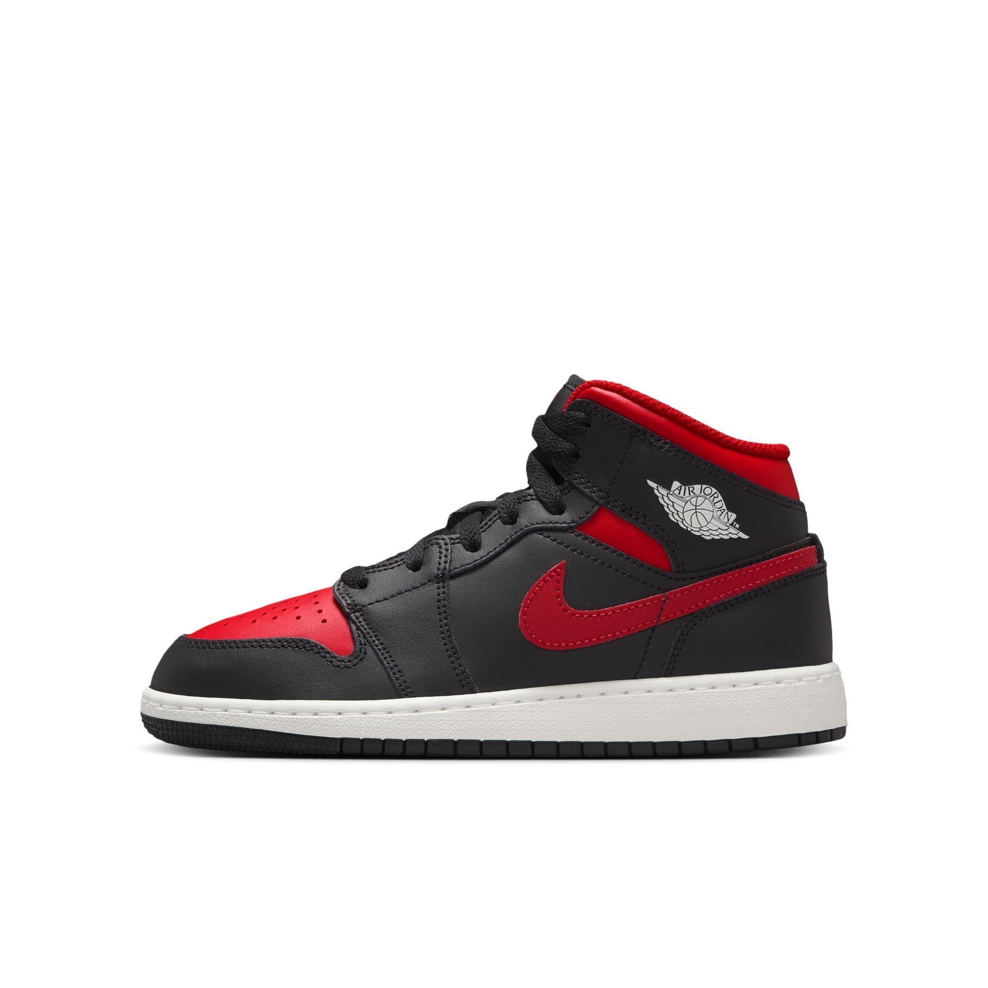 Jordan 1 Mid Grade School Boys' "Black/Varsity Red/Summit White" Shoe