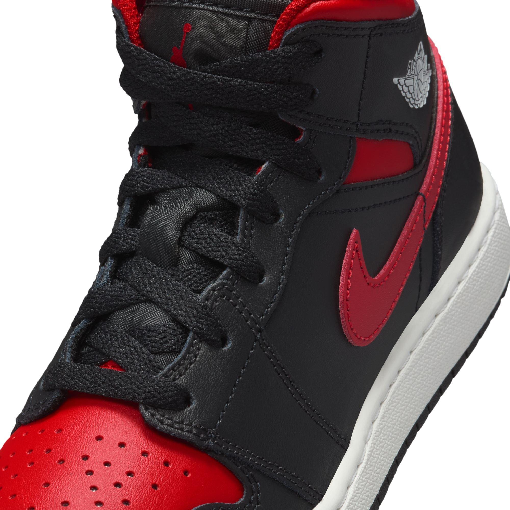 Jordan 1 Mid Grade School Boys' "Black/Varsity Red/Summit White" Shoe