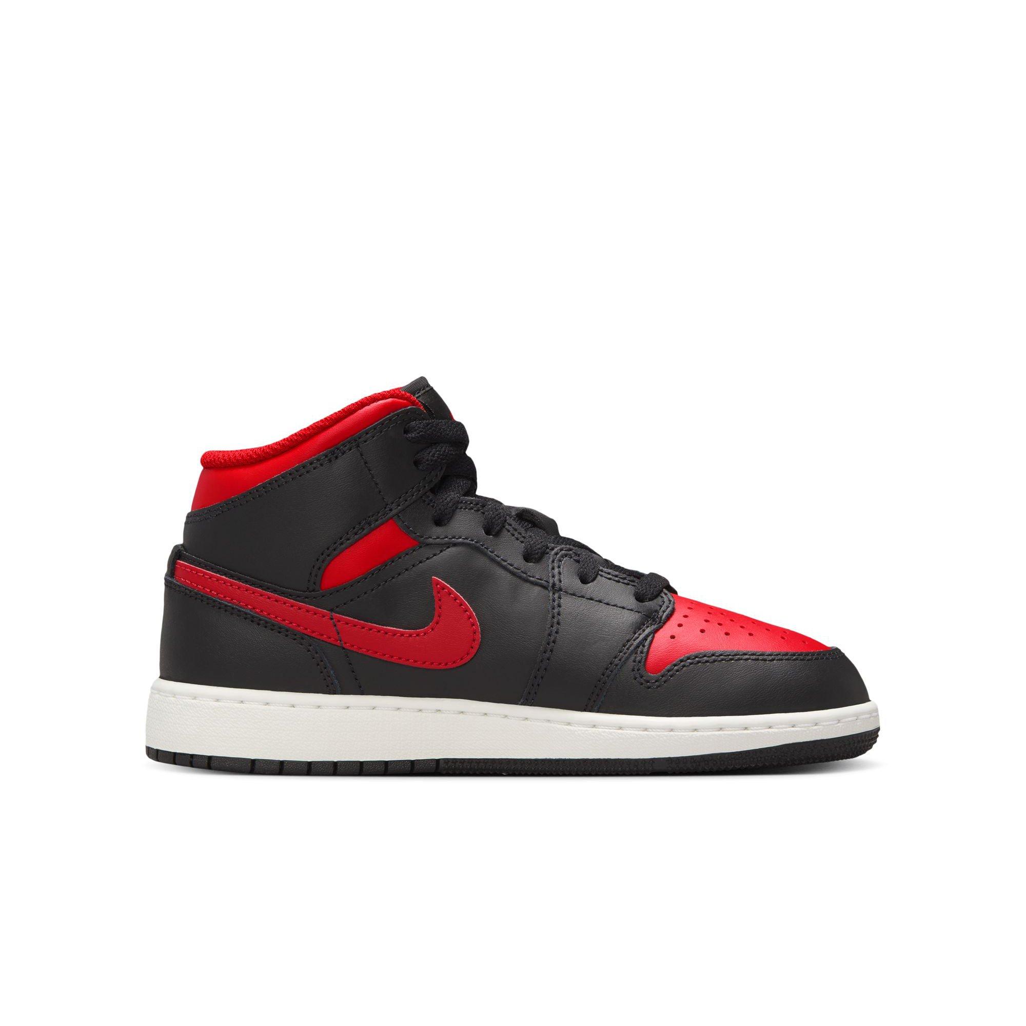 Jordan 1 Mid Grade School Boys' "Black/Varsity Red/Summit White" Shoe