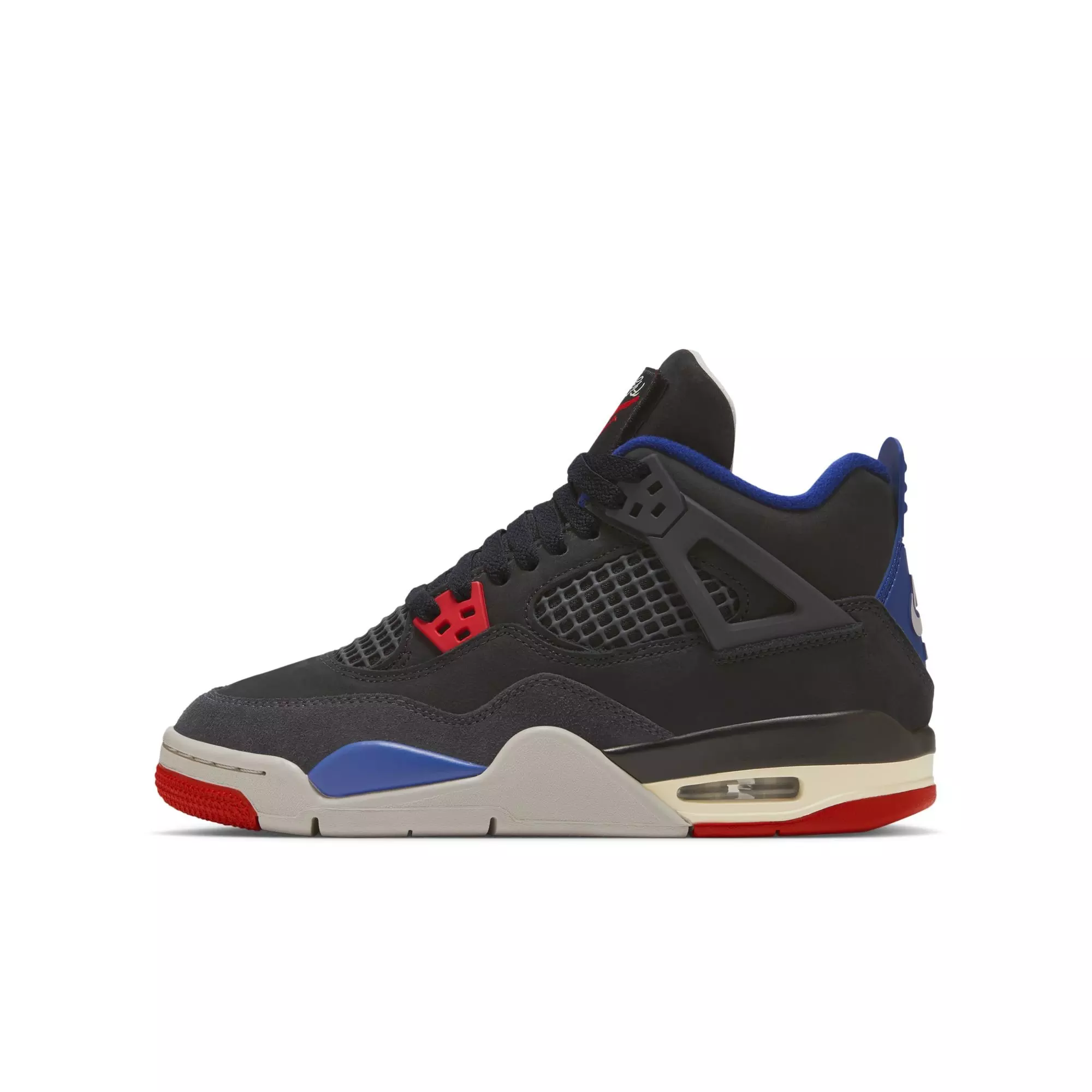 Jordan 4 Retro "Rare Air" Grade School Kids' Shoe - BLACK/FIRE RED/DEEP ROYAL BLUE