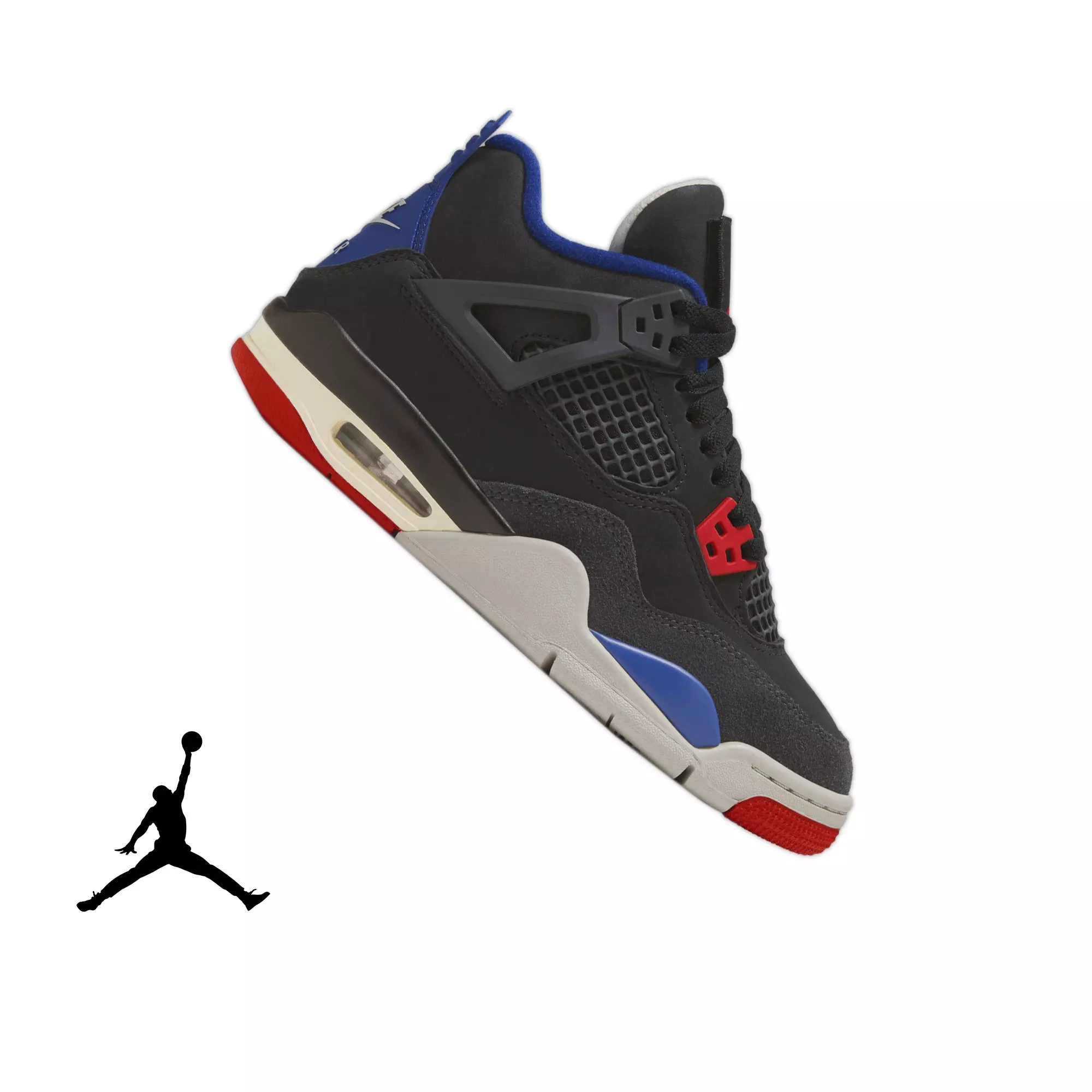 Jordan 4 Retro "Rare Air" Grade School Kids' Shoe - BLACK/FIRE RED/DEEP ROYAL BLUE