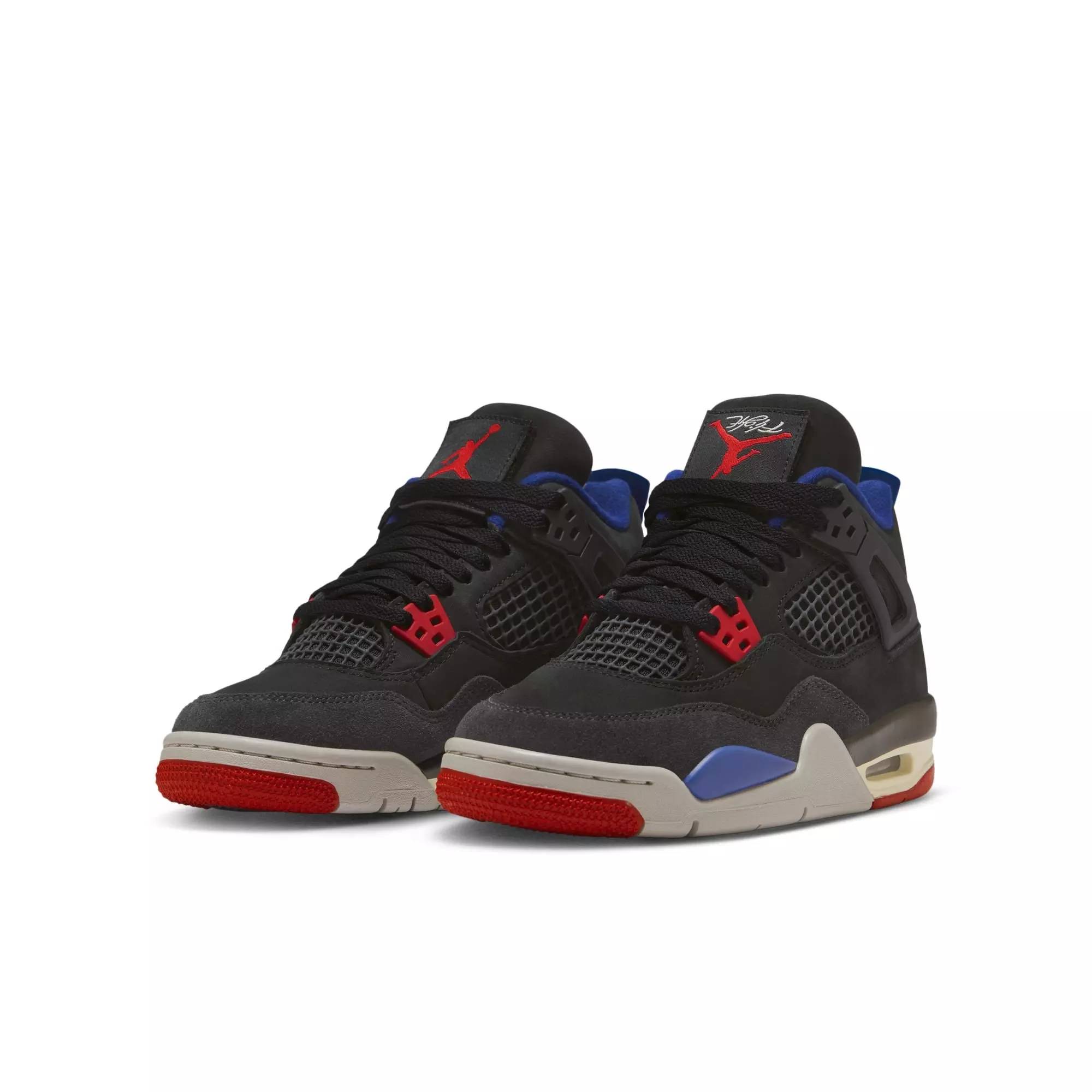 Jordan 4 Retro "Rare Air" Grade School Kids' Shoe - BLACK/FIRE RED/DEEP ROYAL BLUE
