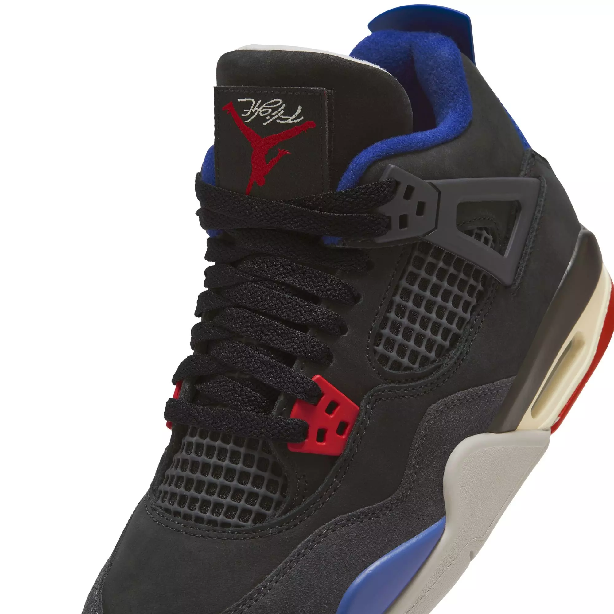 Jordan 4 Retro "Rare Air" Grade School Kids' Shoe - BLACK/FIRE RED/DEEP ROYAL BLUE