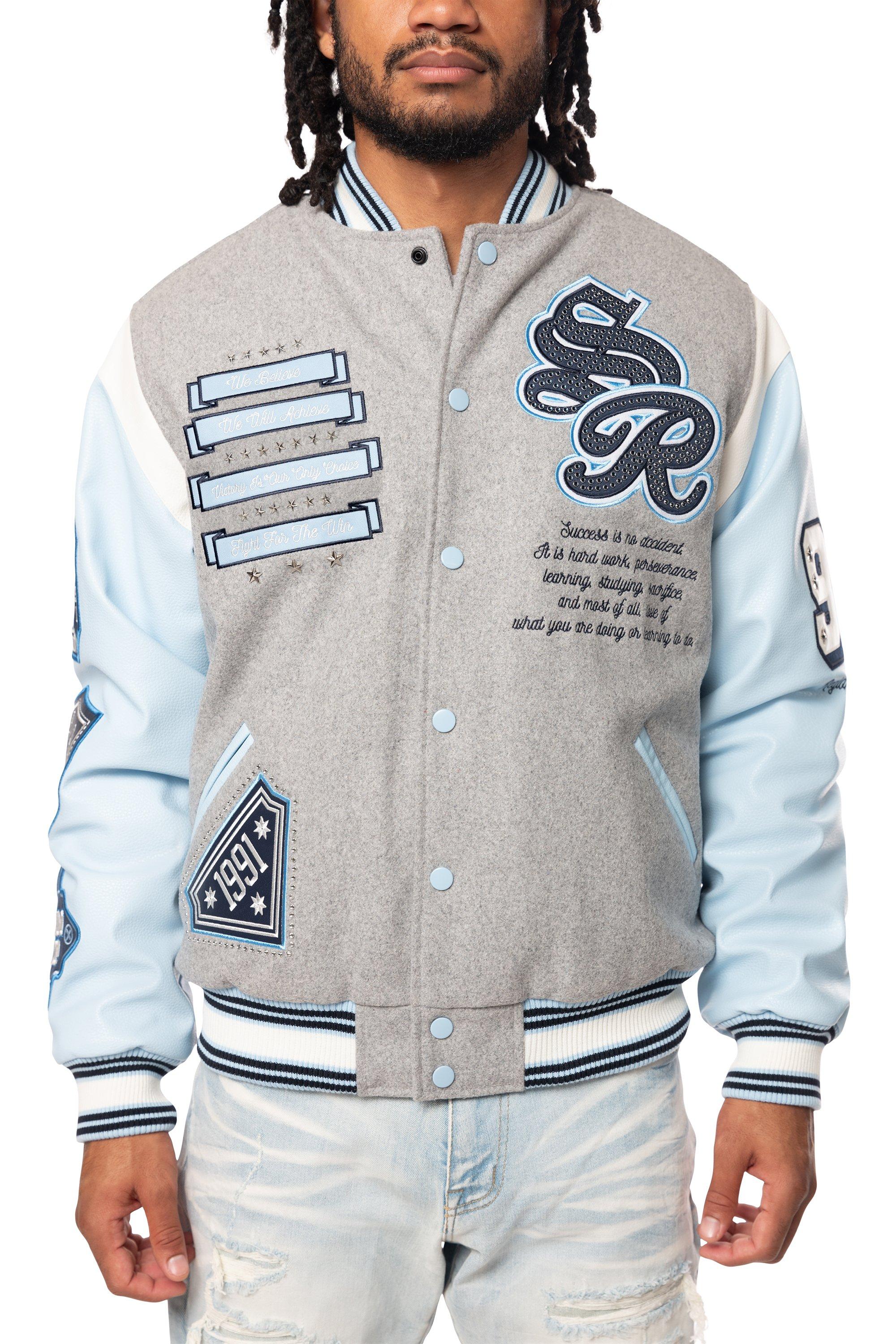 Smoke Rise Men's Studded Patch Varsity Jacket - Grey/Light Blue - GREY/BLUE Thumbnail View 1