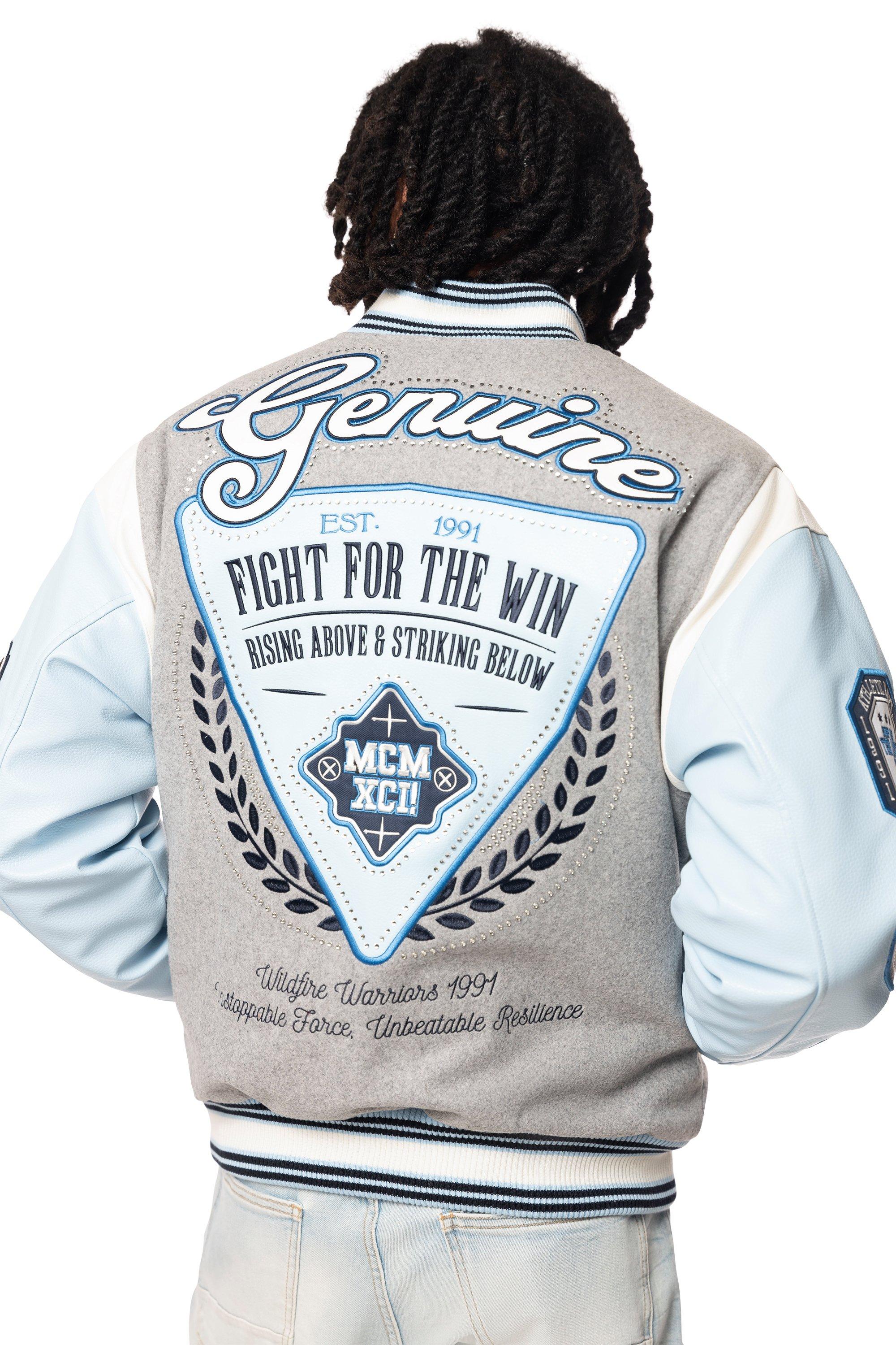 Smoke Rise Men's Studded Patch Varsity Jacket - Grey/Light Blue - GREY/BLUE Thumbnail View 2