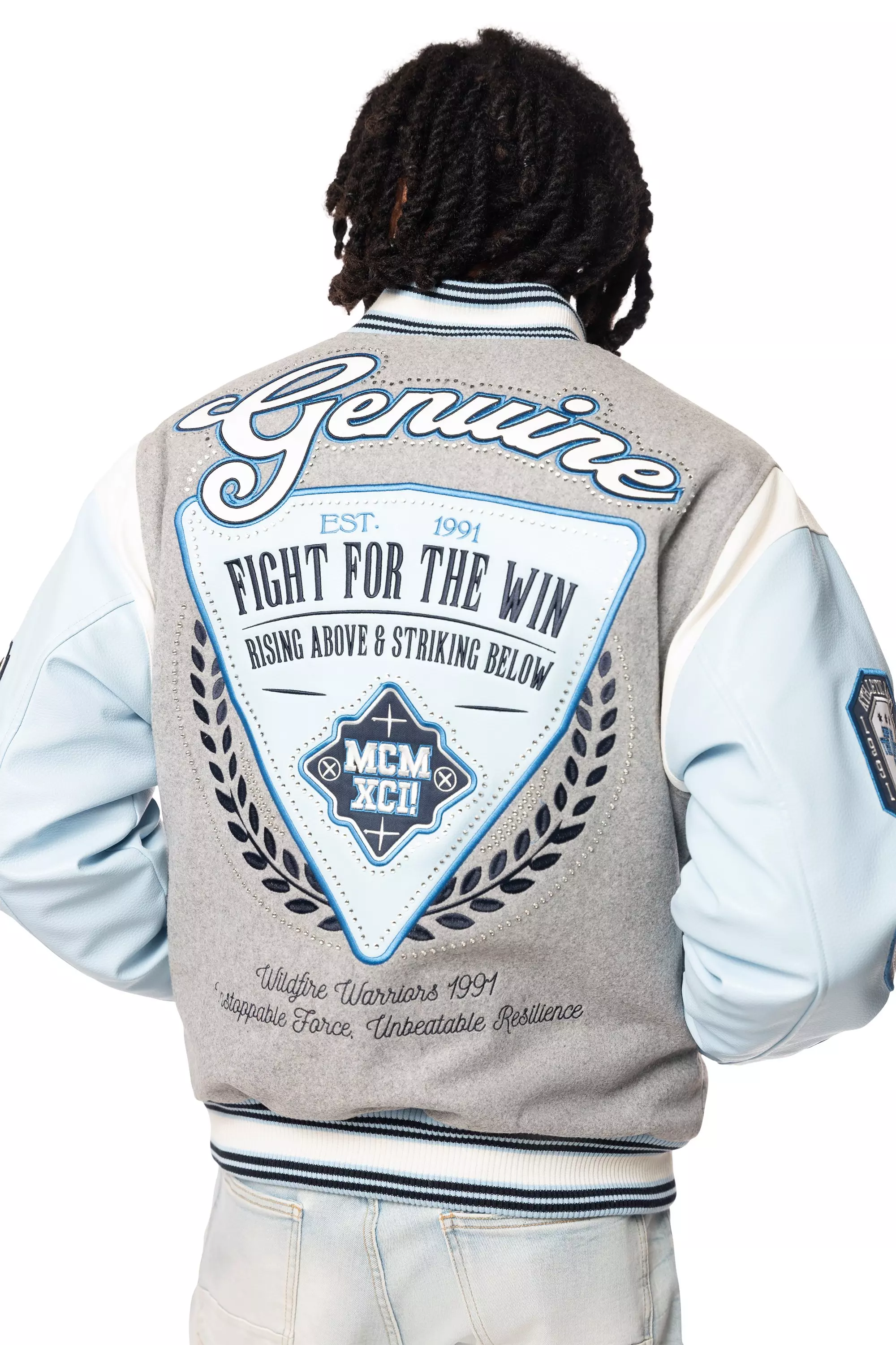 Smoke Rise Men's Studded Patch Varsity Jacket - Grey/Light Blue - GREY/BLUE