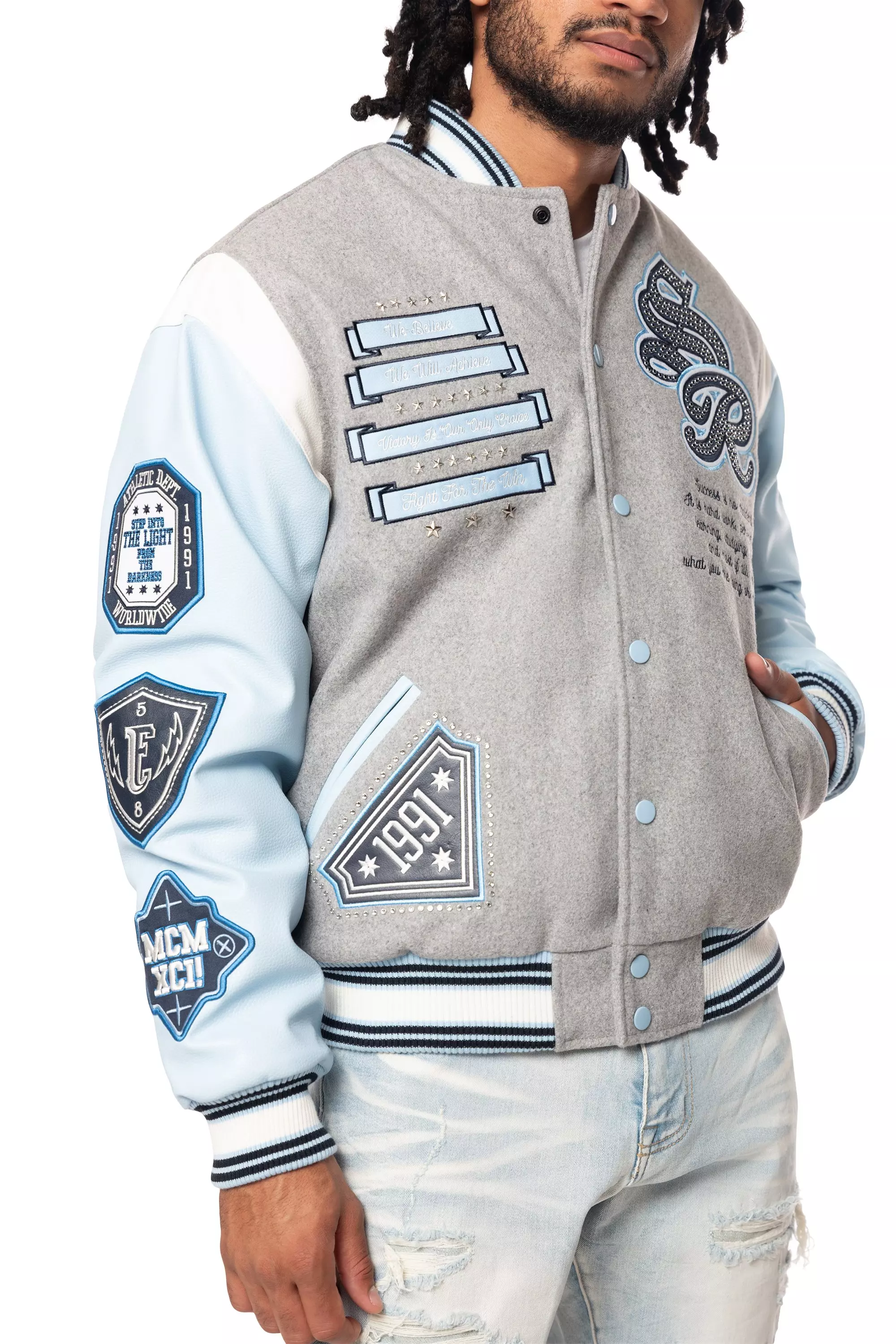 Smoke Rise Men's Studded Patch Varsity Jacket - Grey/Light Blue - GREY/BLUE