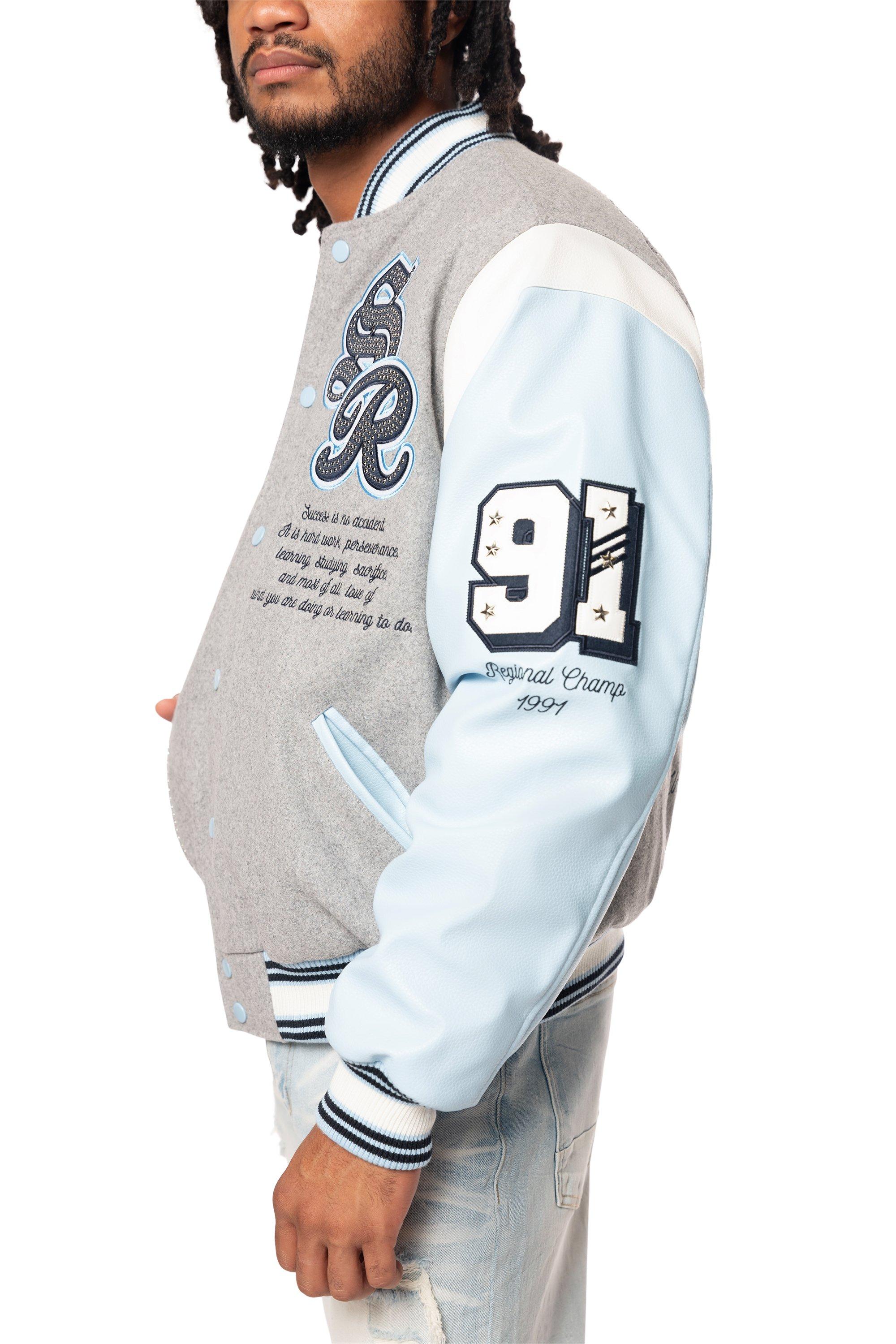 Smoke Rise Men's Studded Patch Varsity Jacket - Grey/Light Blue - GREY/BLUE Thumbnail View 4