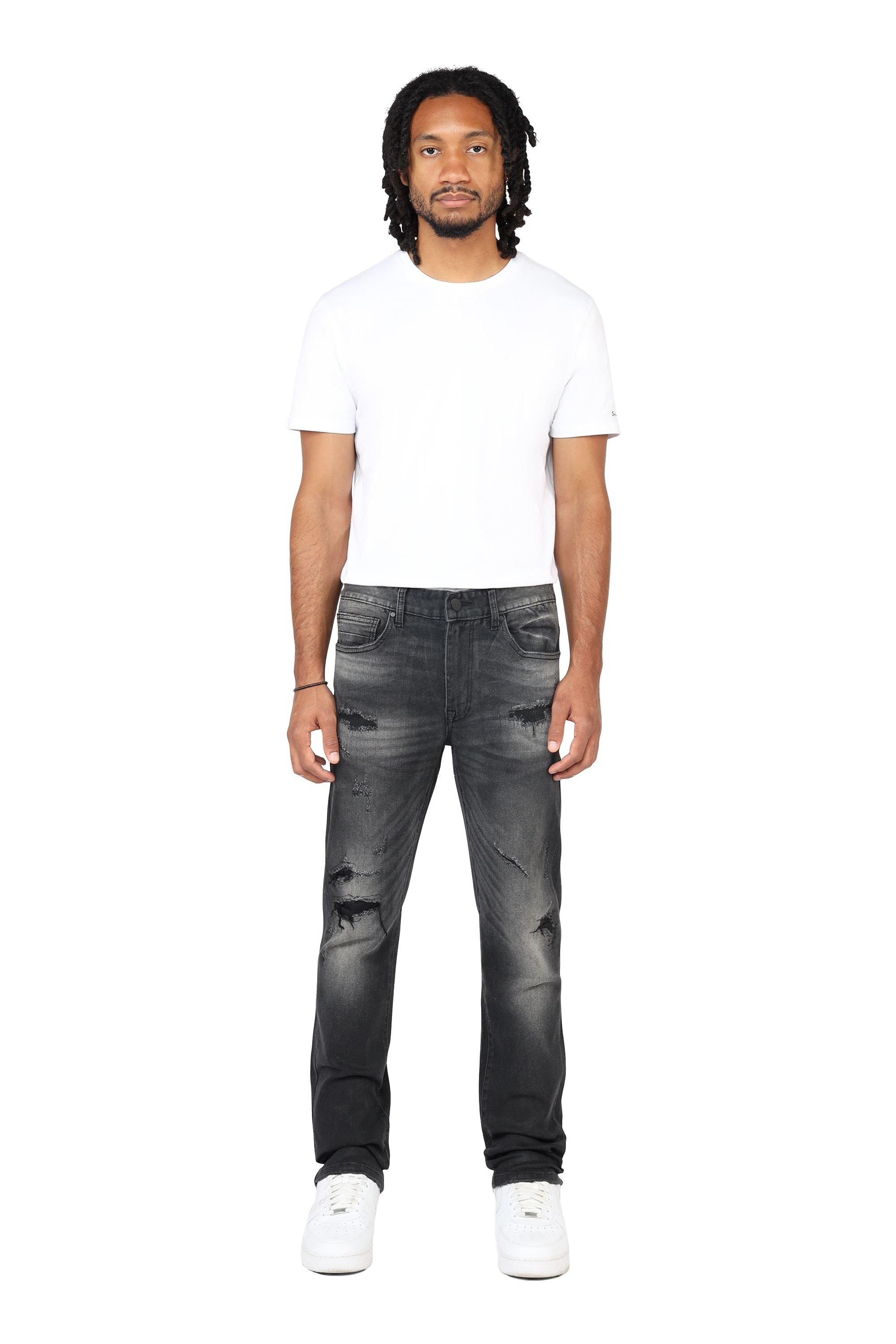 Smoke Rise Men's Slim Fit Wax Rip & Repair Jeans - Black - BLACK Thumbnail View 1