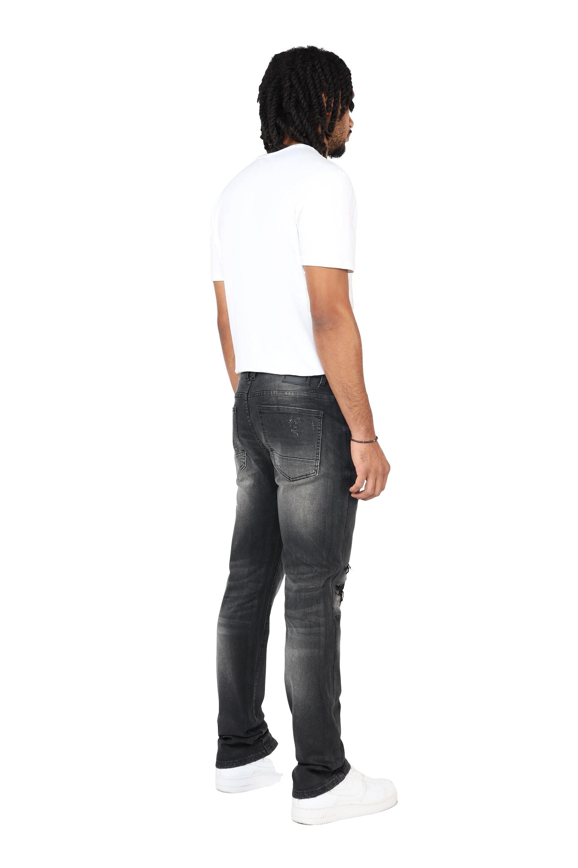 Smoke Rise Men's Slim Fit Wax Rip & Repair Jeans - Black - BLACK Thumbnail View 2