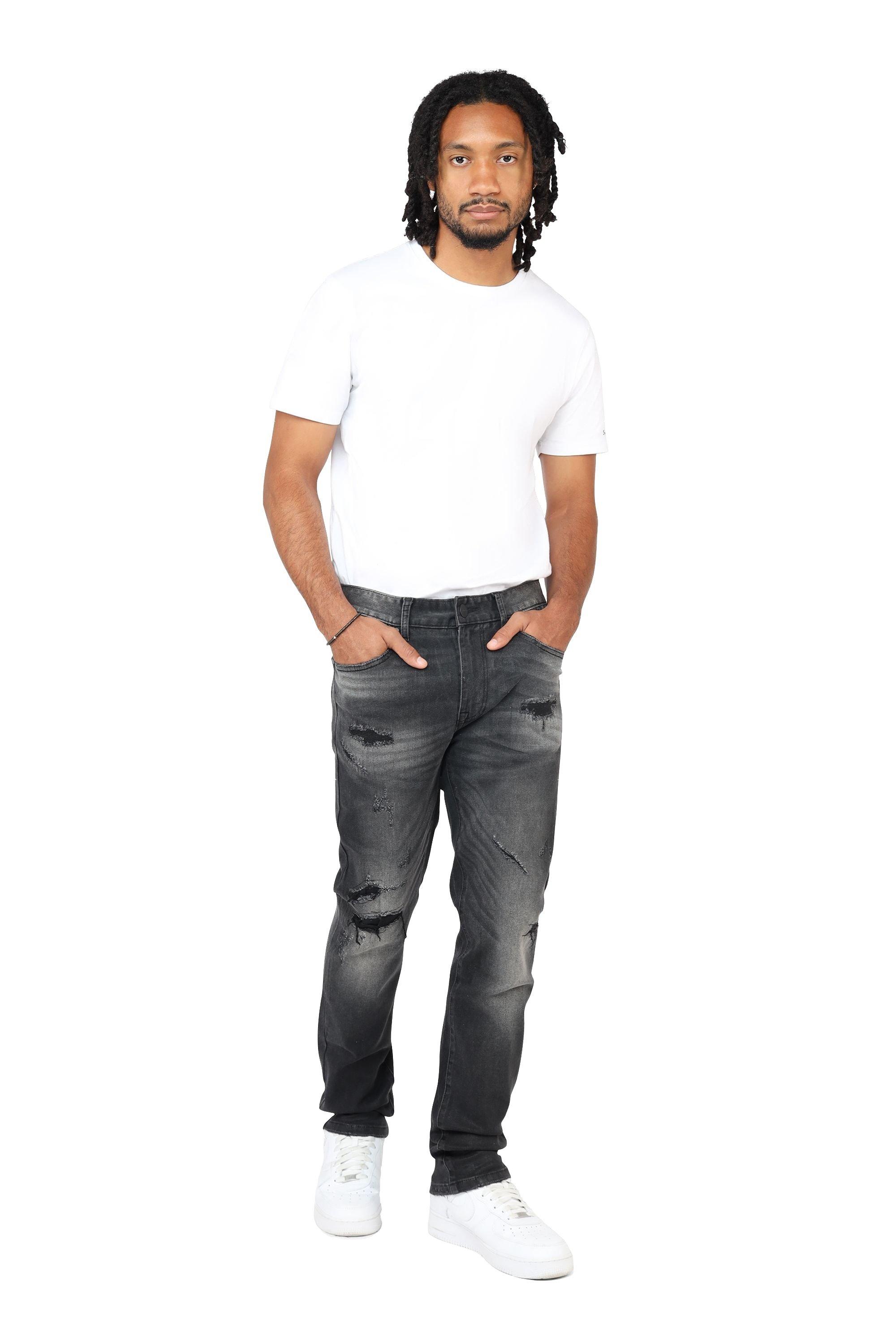 Smoke Rise Men's Slim Fit Wax Rip & Repair Jeans - Black - BLACK Thumbnail View 4