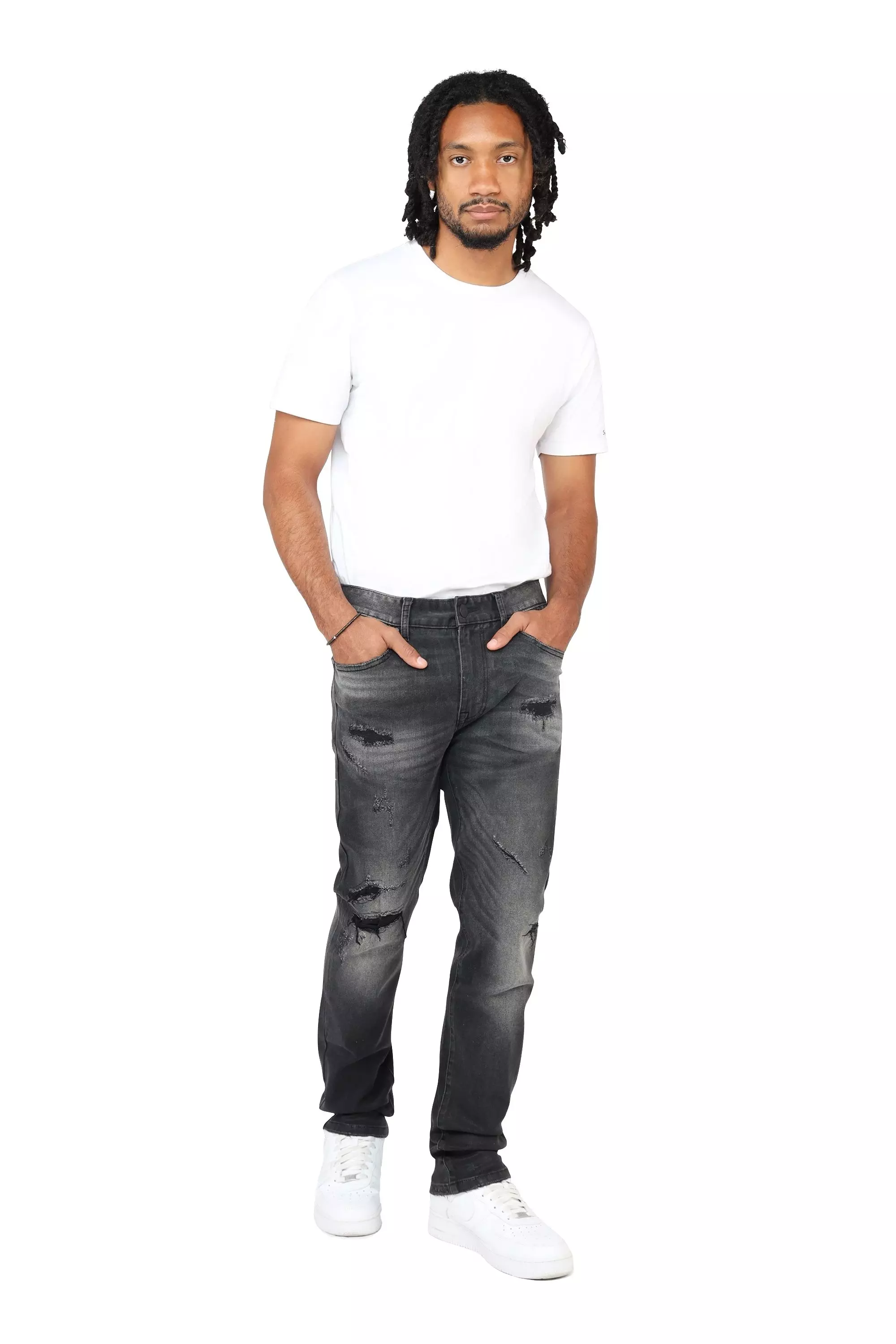 Smoke Rise Men's Slim Fit Wax Rip & Repair Jeans - Black - BLACK