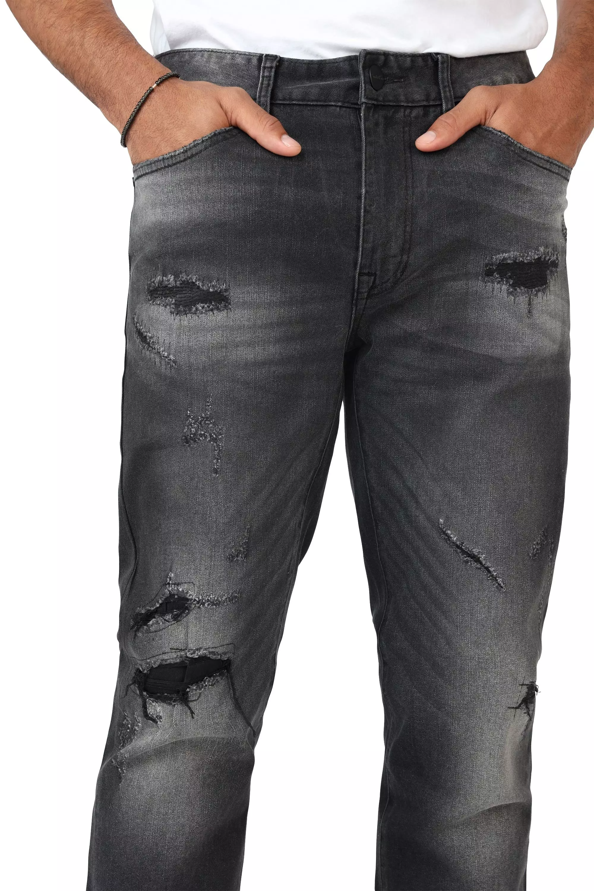 Smoke Rise Men's Slim Fit Wax Rip & Repair Jeans - Black - BLACK