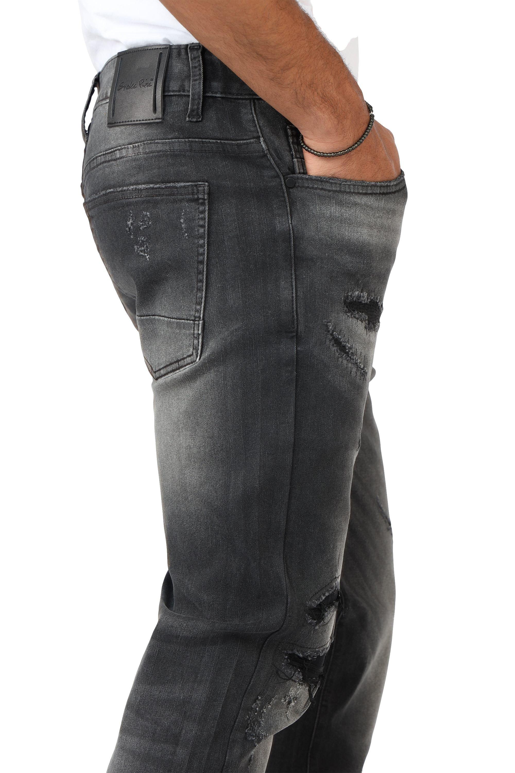 Smoke Rise Men's Slim Fit Wax Rip & Repair Jeans - Black - BLACK Thumbnail View 6