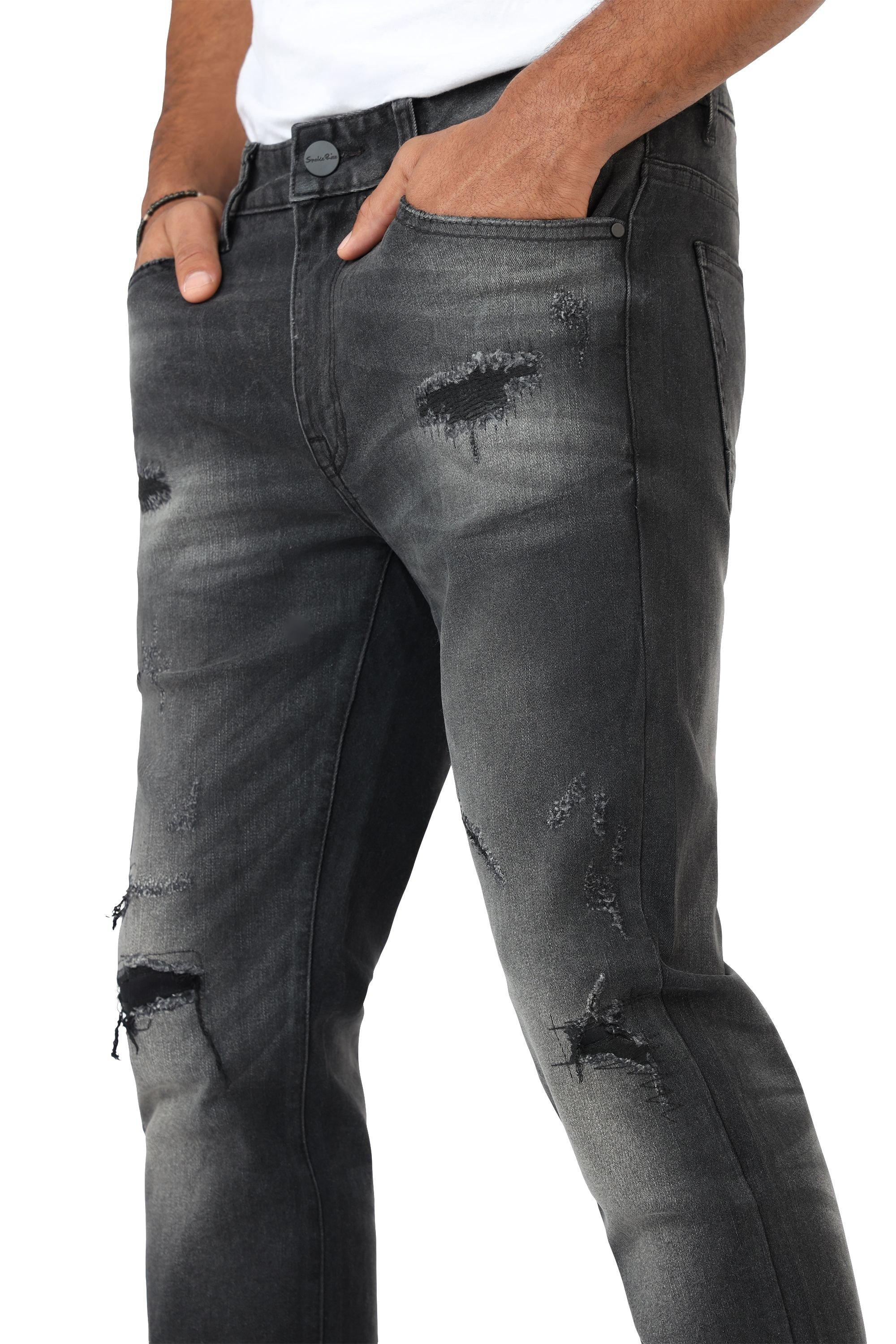 Smoke Rise Men's Slim Fit Wax Rip & Repair Jeans - Black - BLACK Thumbnail View 7