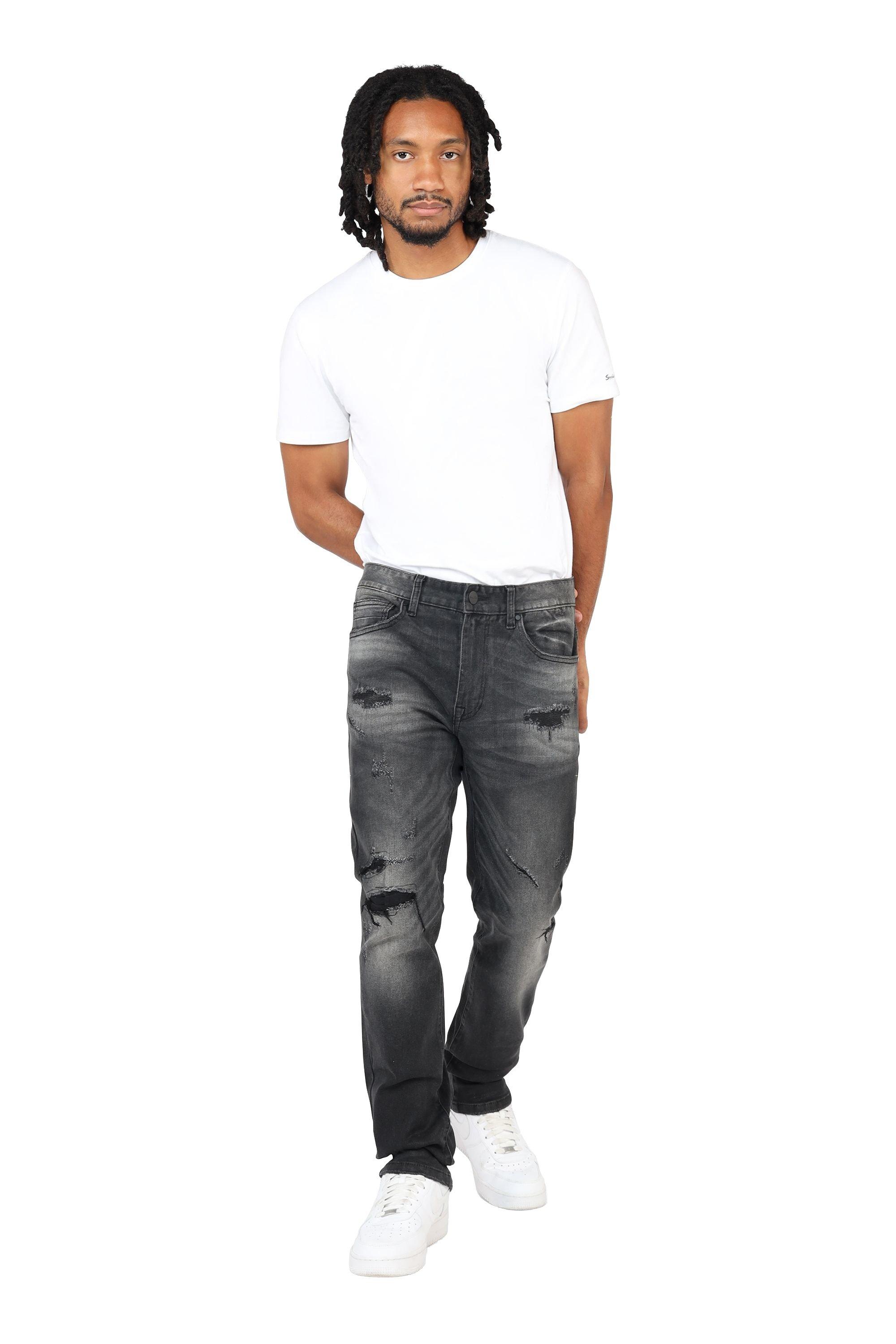 Smoke Rise Men's Slim Fit Wax Rip & Repair Jeans - Black - BLACK Thumbnail View 8