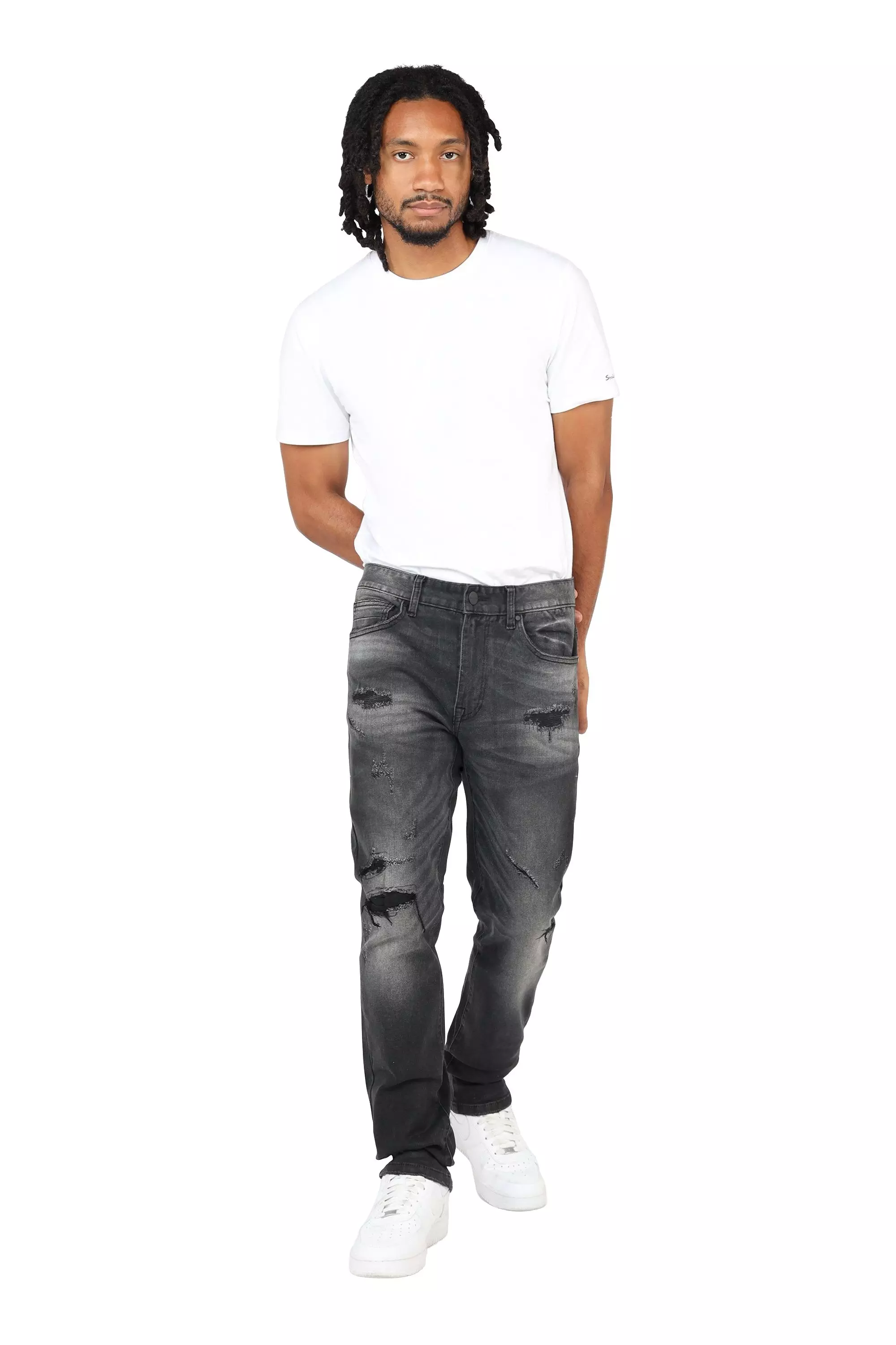 Smoke Rise Men's Slim Fit Wax Rip & Repair Jeans - Black - BLACK