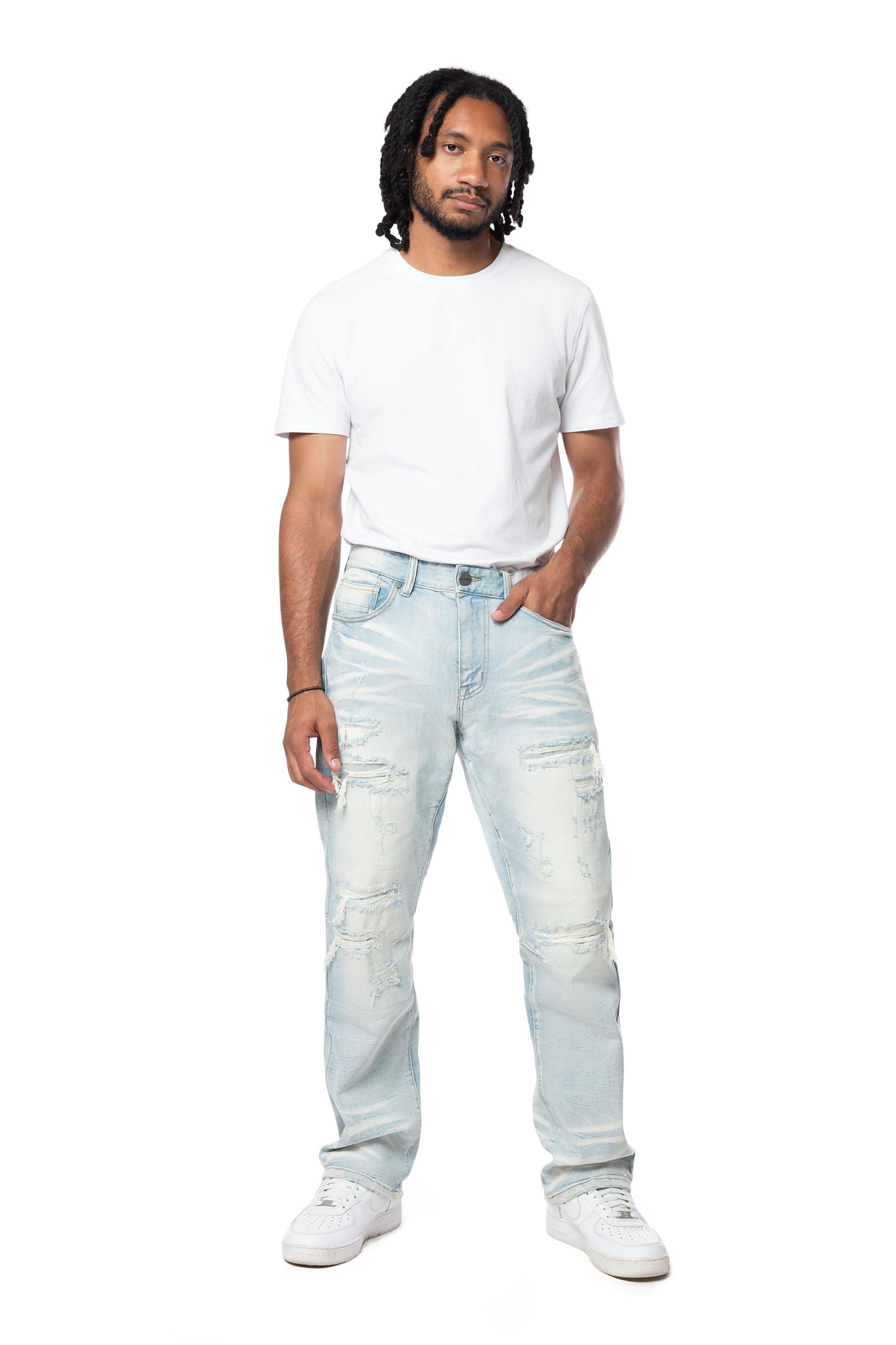 Smoke Rise Men's Rip & Repair Lightning Straight Fit Denim Jeans - Cirrus Blue - BLUE Thumbnail View 1