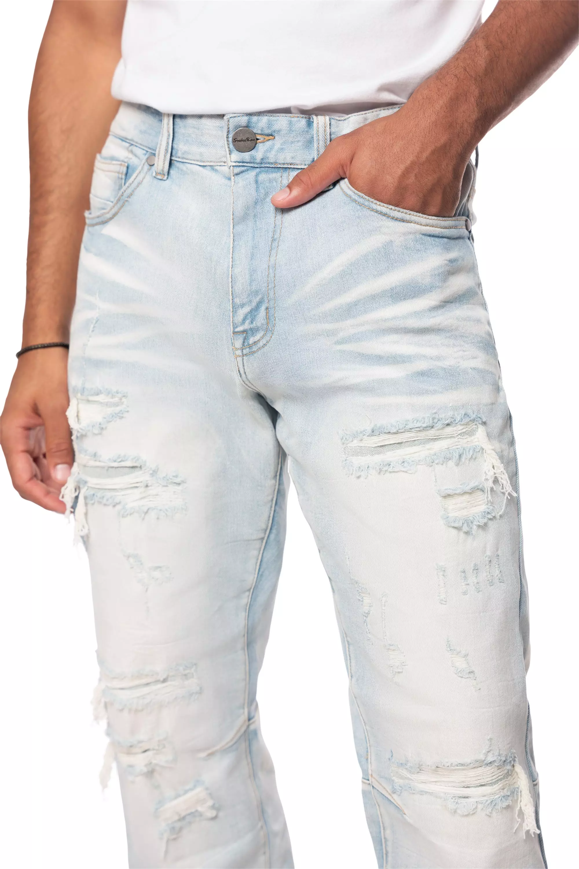 Smoke Rise Men's Rip & Repair Lightning Straight Fit Denim Jeans - Cirrus Blue - BLUE