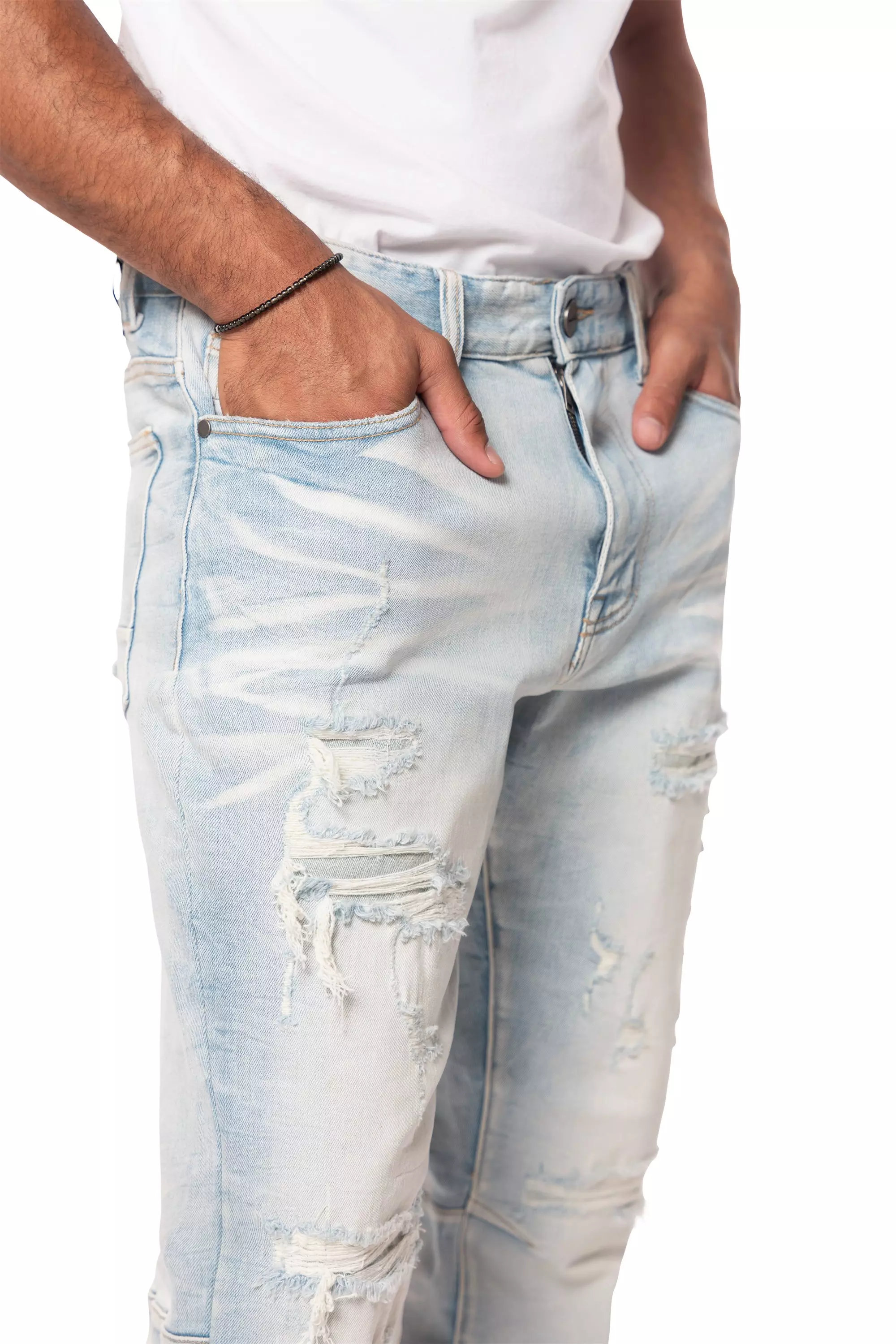 Smoke Rise Men's Rip & Repair Lightning Straight Fit Denim Jeans - Cirrus Blue - BLUE